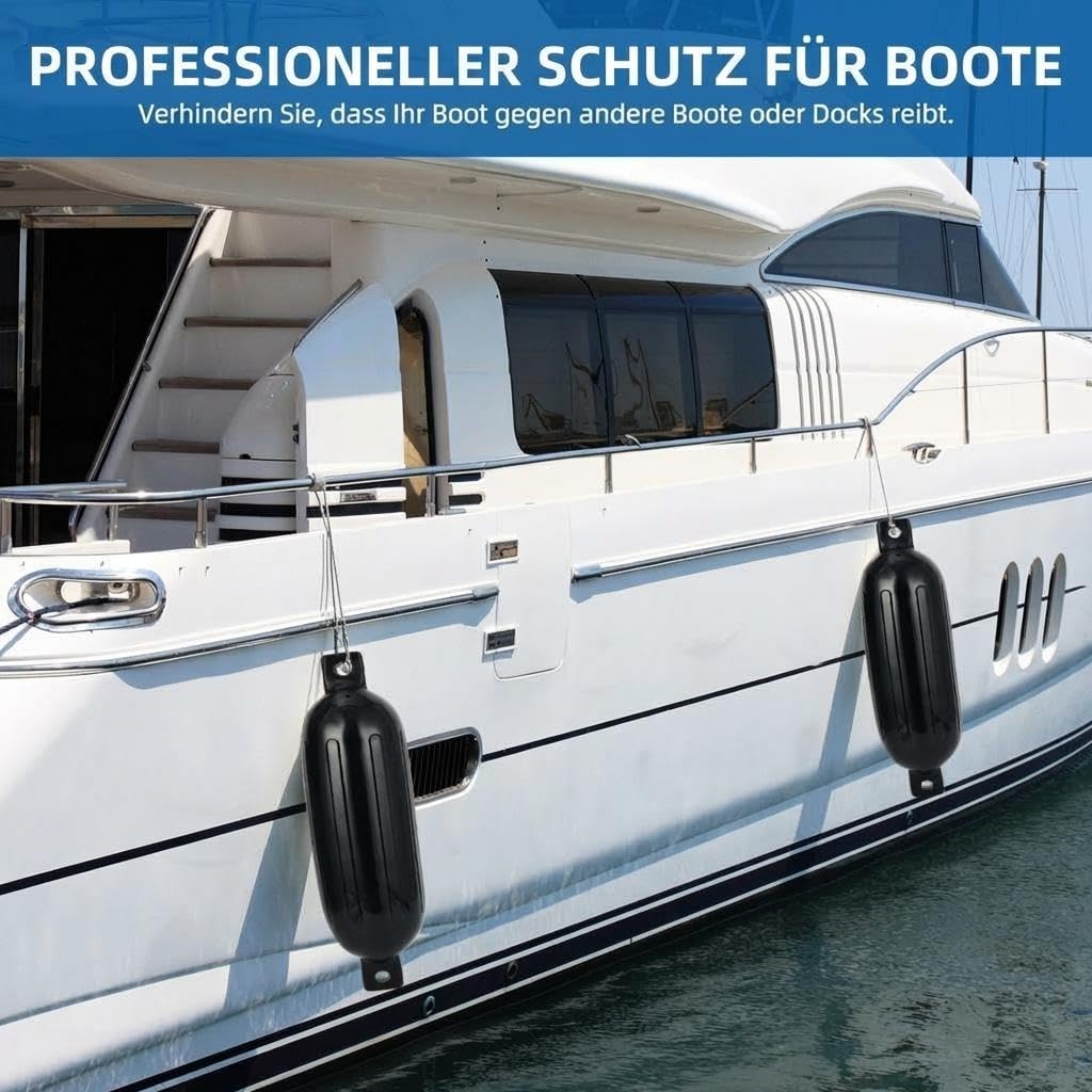 Garvee 4er Set Bootsfender Aufblasbar Mit Seilen, Luftpumpe & Tasche – Fender Für Boote 10–37 ft, Boot Puffer Anlegeschutz Für Yacht, Angelboot & Dock, Schwarz