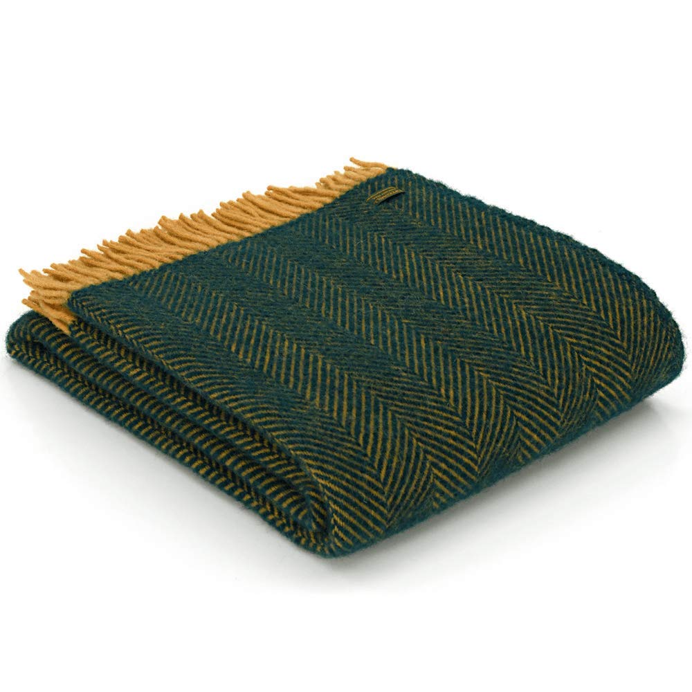 Tweedmill Textiles Herringbone KNEE RUG Throw Blanket -100% Pure New Wool - BRITISH MADE - EMERALD GREEN and MUSTARD