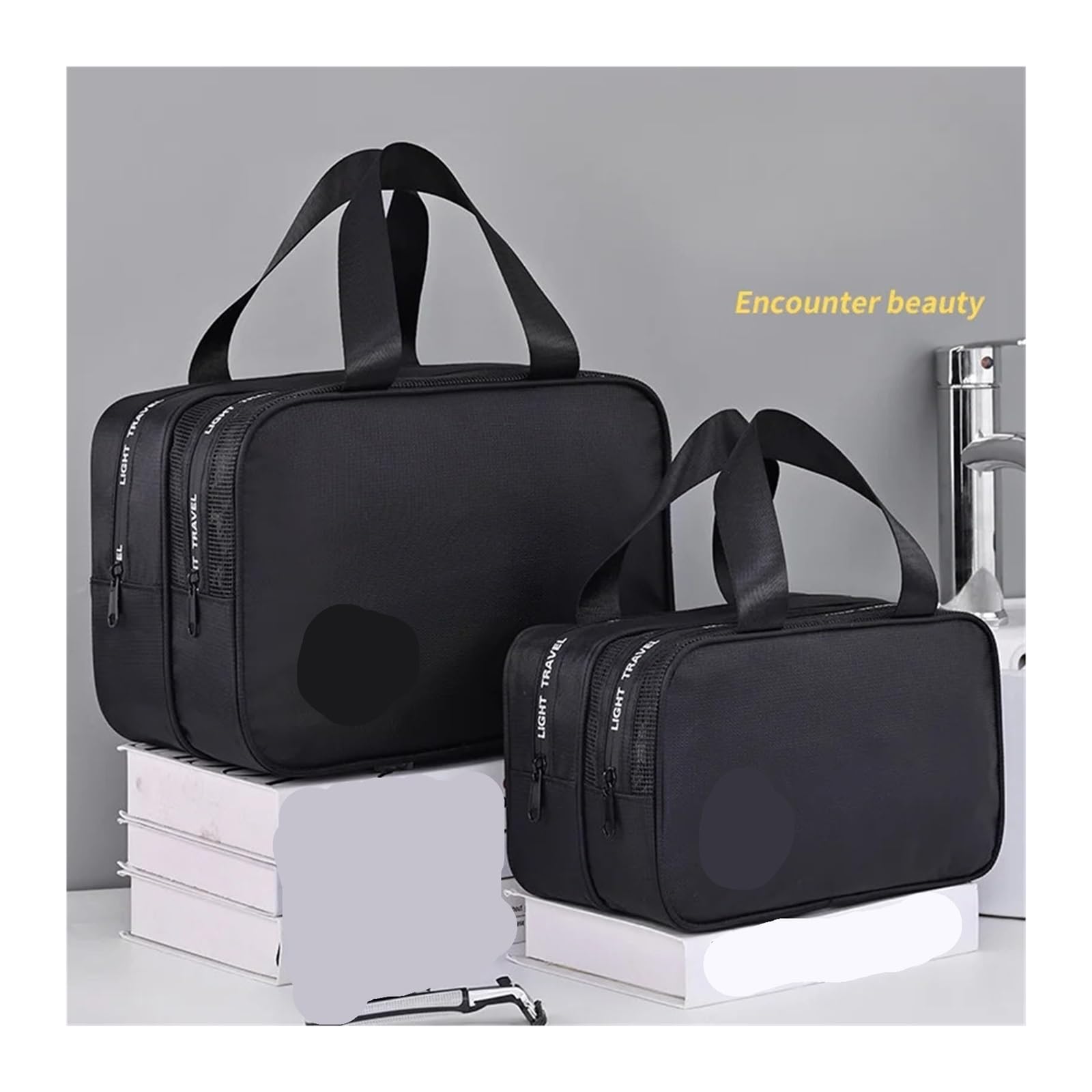 Beauty case da viaggio a doppio strato asciutto e bagnato, grande capacità, organizer portatile per cosmetici (set da 2 pezzi)