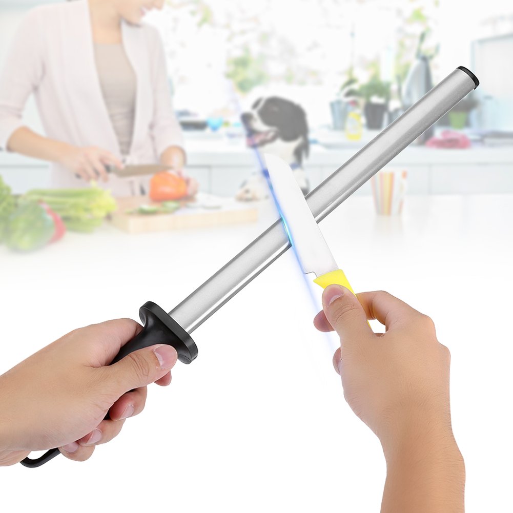 Rifle de afilar diamante grano 30 cm, afilador de cuchillos de acero de 600 granos afilador de cuchillos diamante palo afilador con mango para cocina y caza
