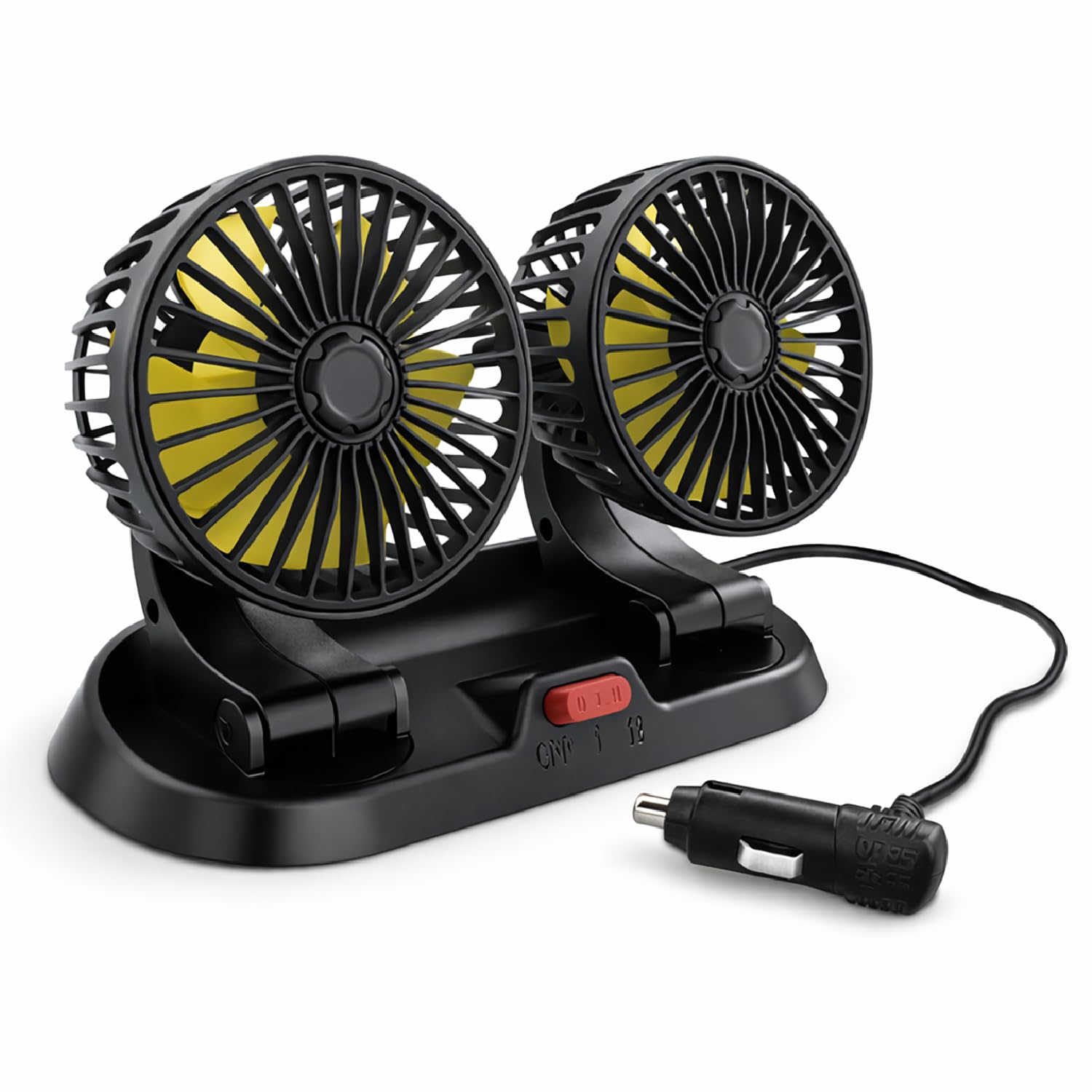 TIENDA EURASIA – Ventilador de Coche 12V Doble Cabezal con Rotación 360° | 2 Velocidades | Conexión a Toma 12V (Encendedor) | Cable 1,4 m | Negro | 22x11x16 cm