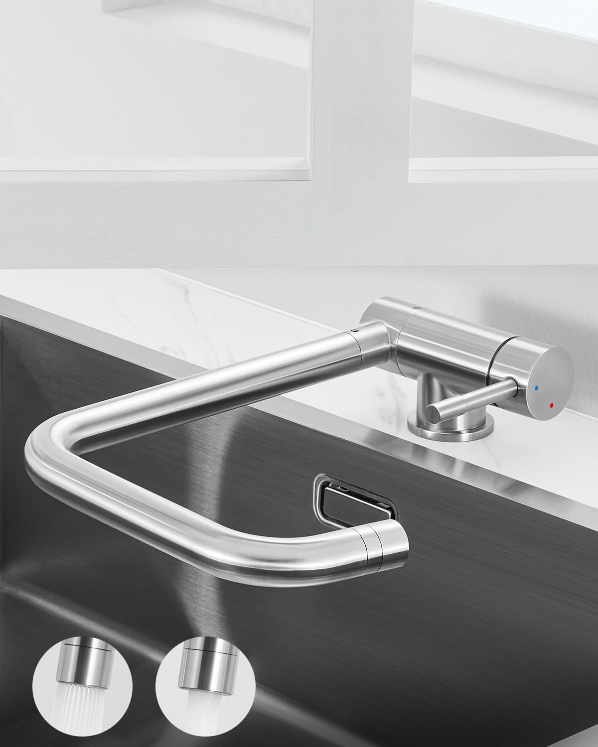 ANYCEE Grifo Extraíble de Cocina, Acero Inoxidable de Arco Alto, 3 Modos, Giratorio 360°