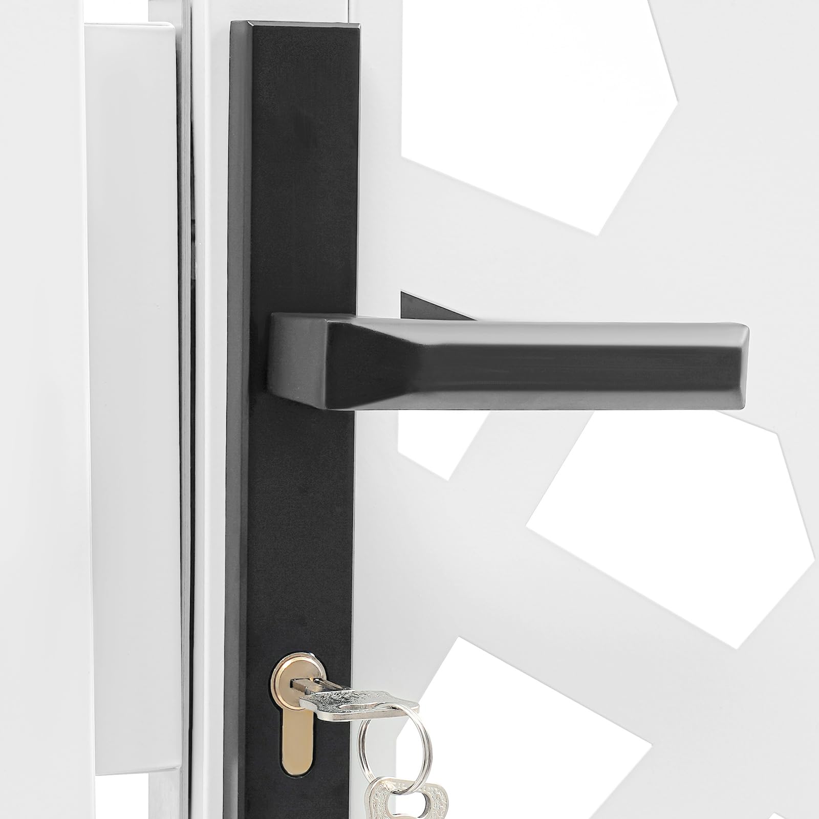 Puerta de jardín metal doble columna 105x100 cm cerradura 180° geométrica blanca