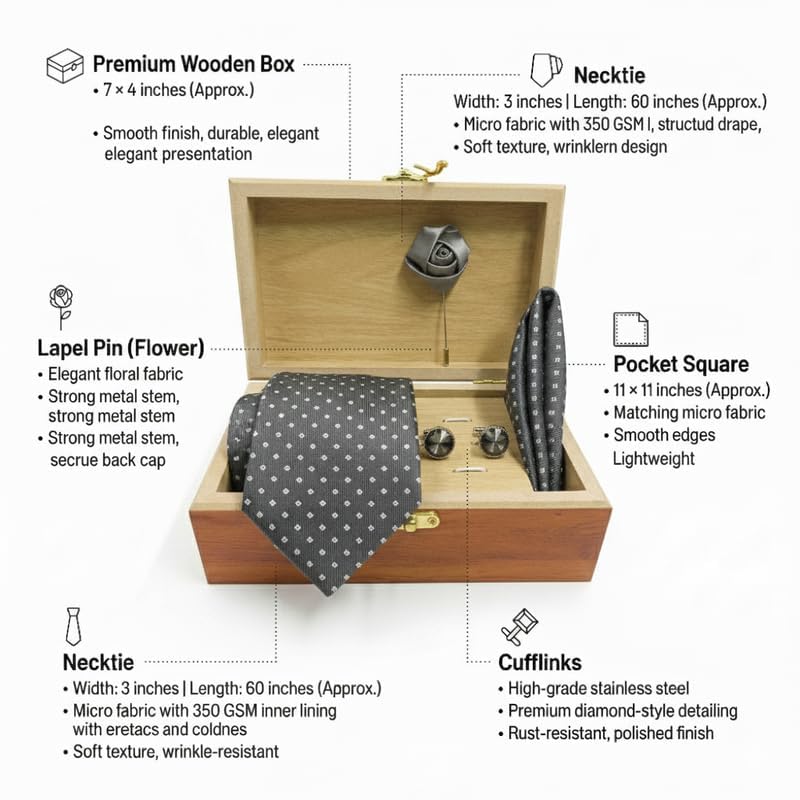 Image of Men's Necktie Gift Set with Wooden Box | Premium Tie, Pocket Square, Cufflinks & Lapel Pin | Elegant Formal Accessories Gift for Men