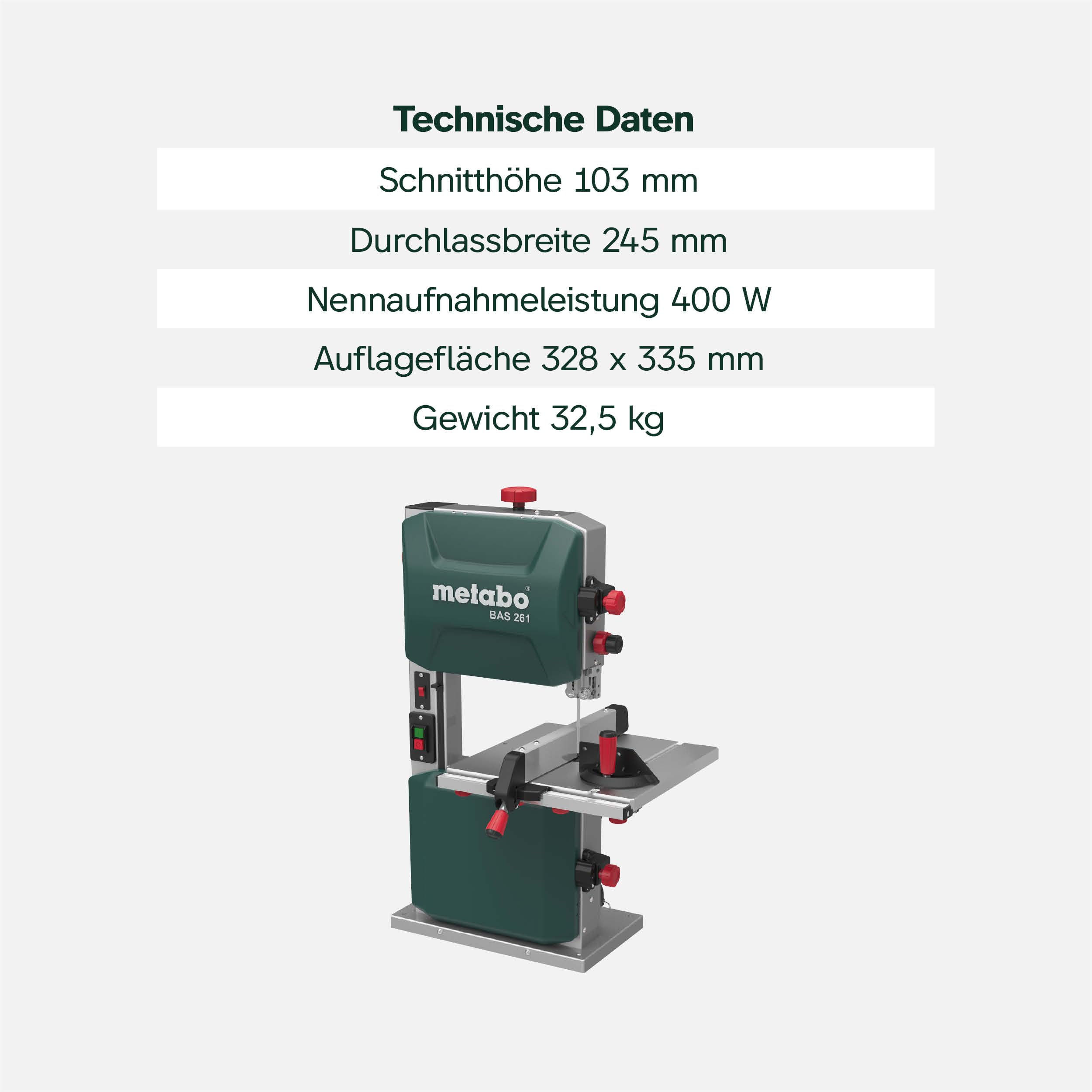 Metabo Bandsäge BAS 261 Precision – 619008000 – Bandsäge für eine hohe Präzision und stabile Schnittqualität (400 W, Schnitthöhe 103 mm)