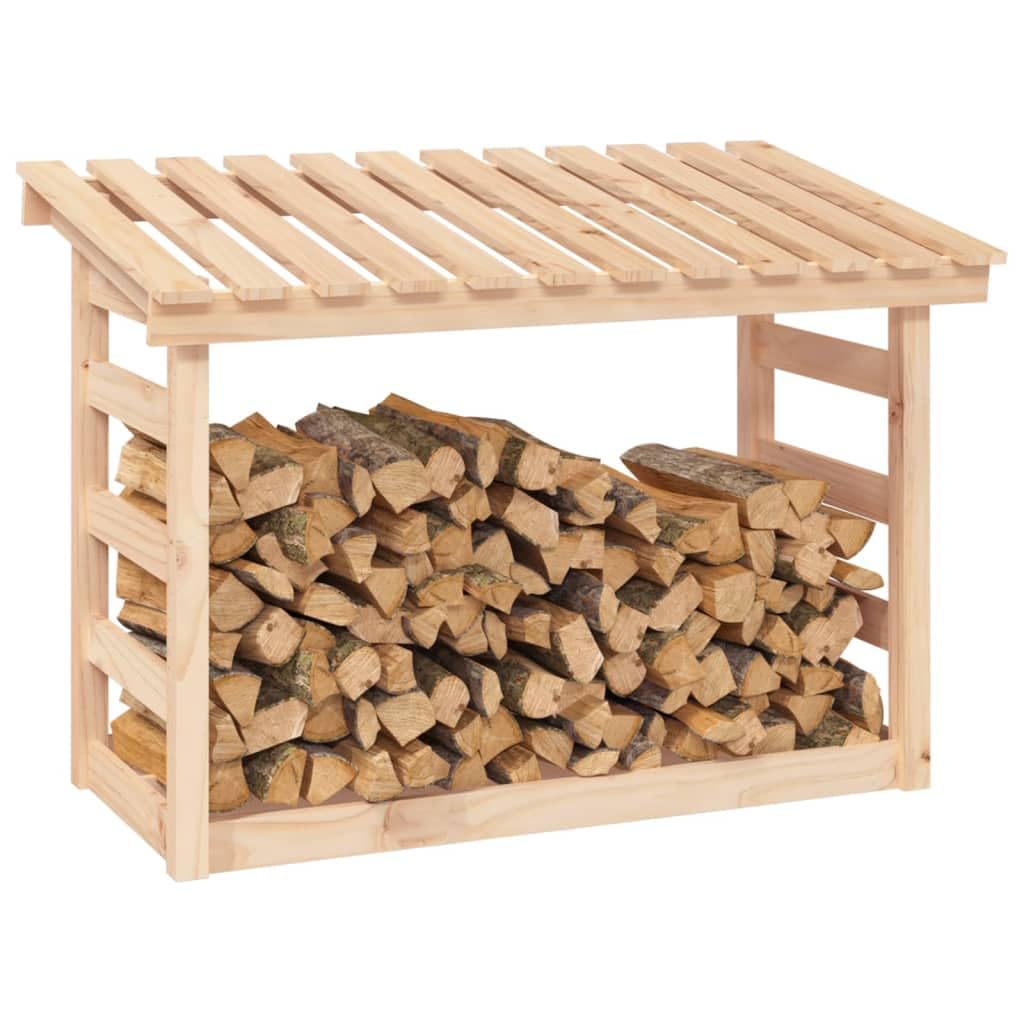 Stojak na drewno kominkowe z litego drewna sosnowego, 108 x 64,5 x 78 cm, regał na drewno zewnętrzne do kominka, regał do przechowywania wewnątrz, naturalne wykończenie nieobrobione