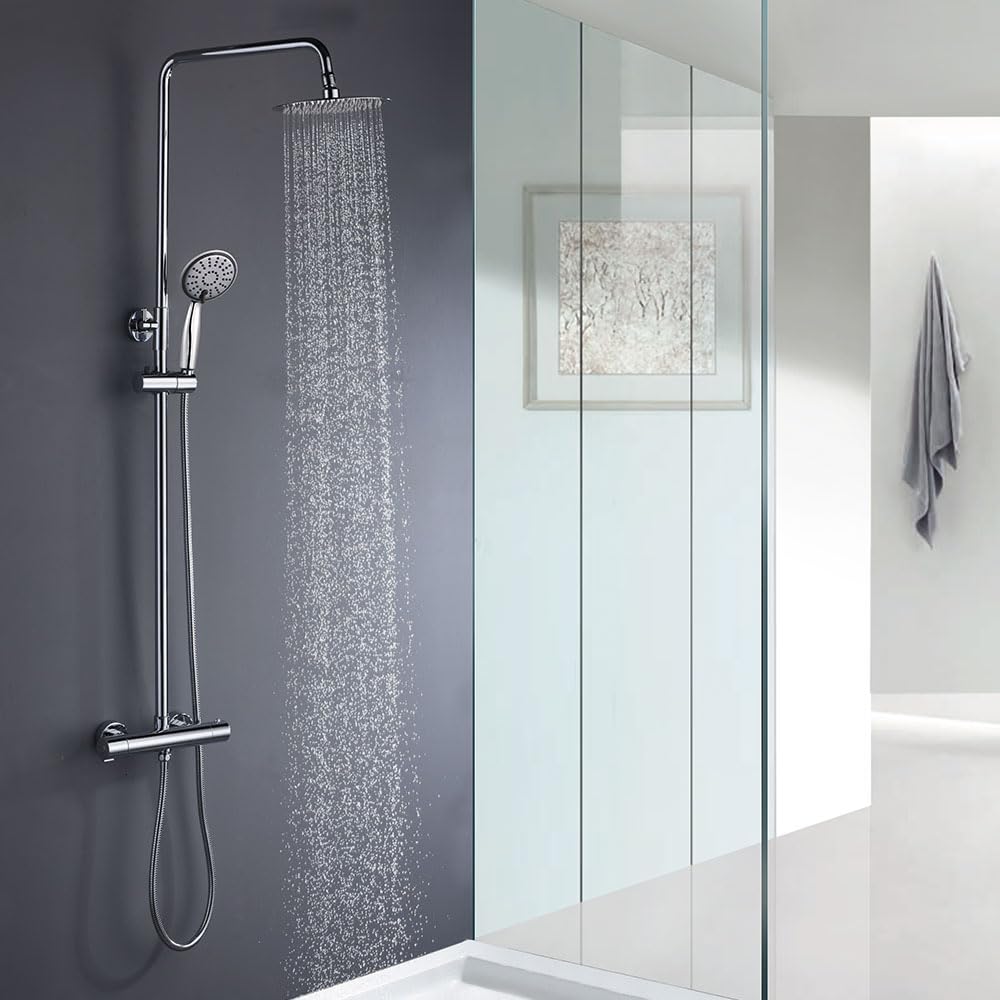 Columna de ducha termostática extralarga ROU Round, con tubo extensible de 100 a 150 cm. Rociador extraplano de 20cm y ducha de mano de hidromasaje redondos. Recambios garantizados