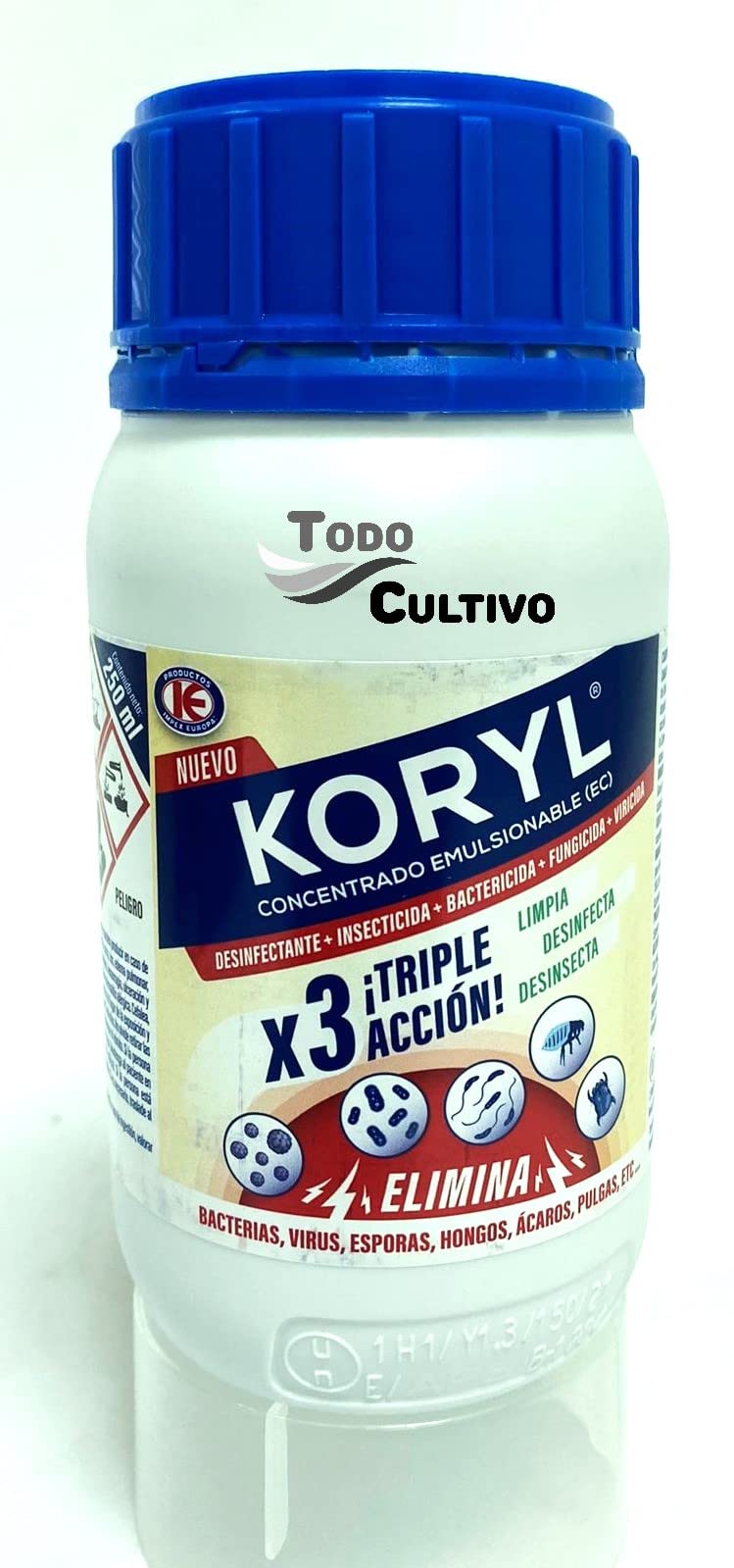 Koryl triple accion. 250ml. Potente desinfectante, desinsectante, bactericida, fungicida a base CIPERMETRINA 10%, GLUTARALDEHÍDO 15% y CLORURO de DIDECILDIMETILAMONIO 10%