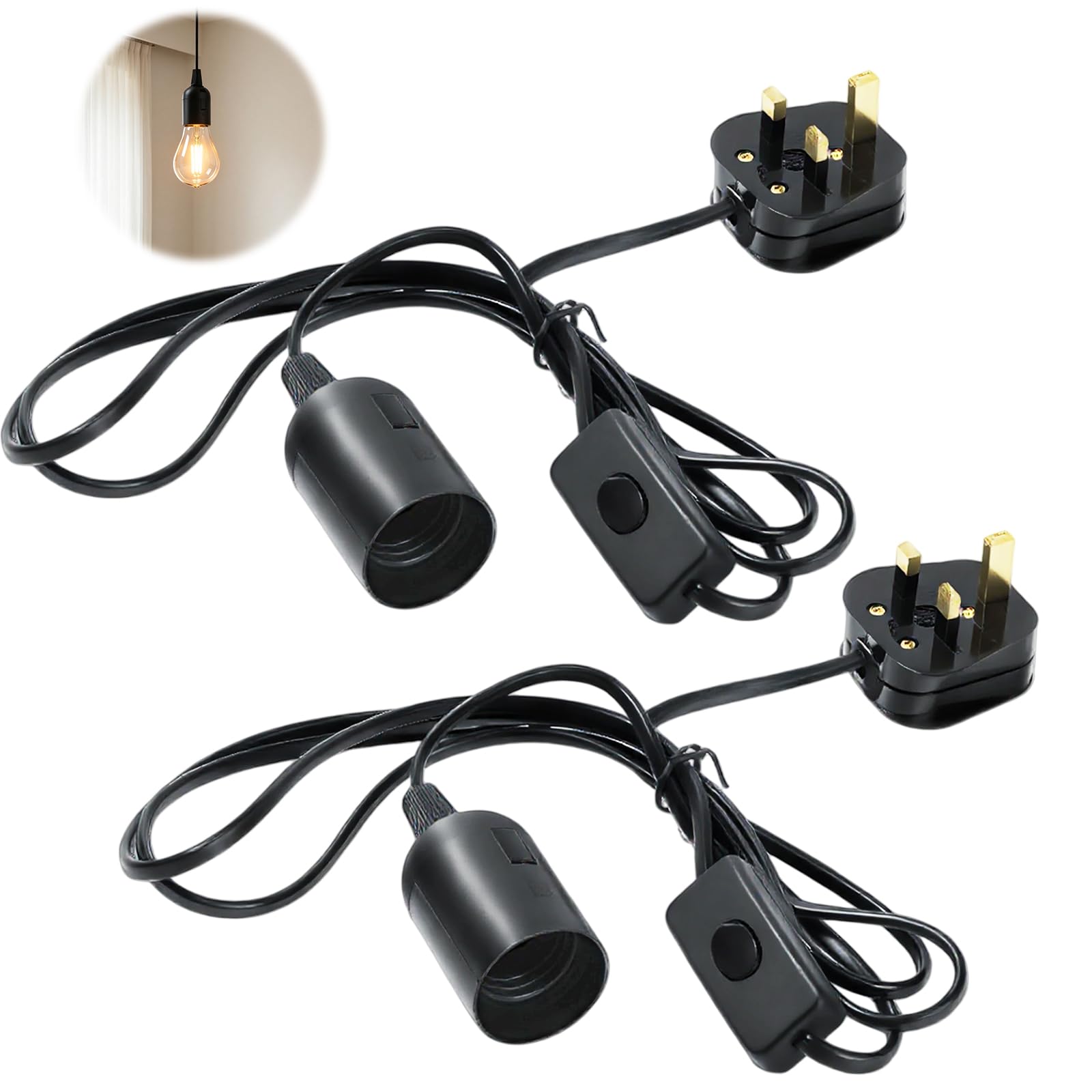 2Pcs E27 Pendant Light Ceiling Fitting with Switch, 1.8m Textile Cable UK Plug, Suspended Light Fitting Kit Compatible with E27 Bulbs for DIY Projects, Bedroom, Living Room, Home Decor (2, Black)