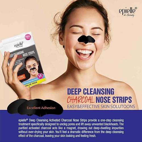 Miniatura 3 de Epielle Tiras nasales de carbón de limpieza profunda, tiras de poros para poros obstruidos, eliminación de puntos negros, piel grasa, fácil y