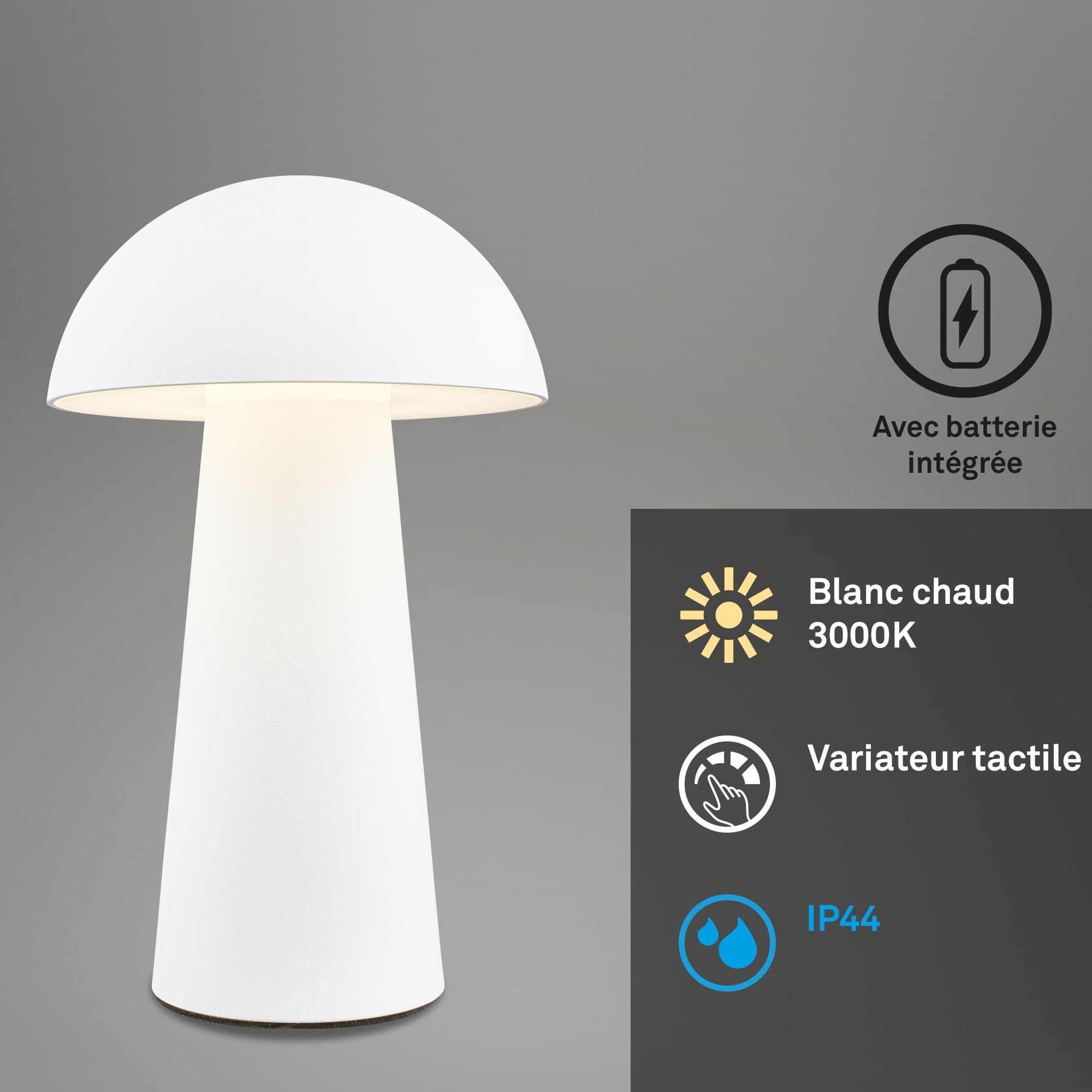 BRILONER - Mini lampe de table LED sans fil avec Touch, intensité variable par paliers, IP44, lampe de chevet, de lecture, de camping, de table, à accu, 12x19,5 cm, Blanc