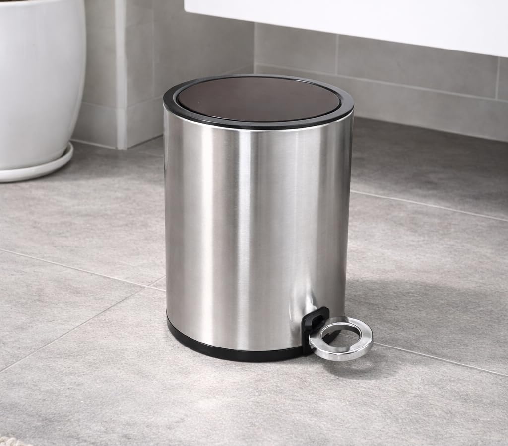 FurnitureXtra™ Modern Style Powder Coated Soft Close Pedal Bin, Plastic Inner bucket, ABS lid (Steel Round 6L)