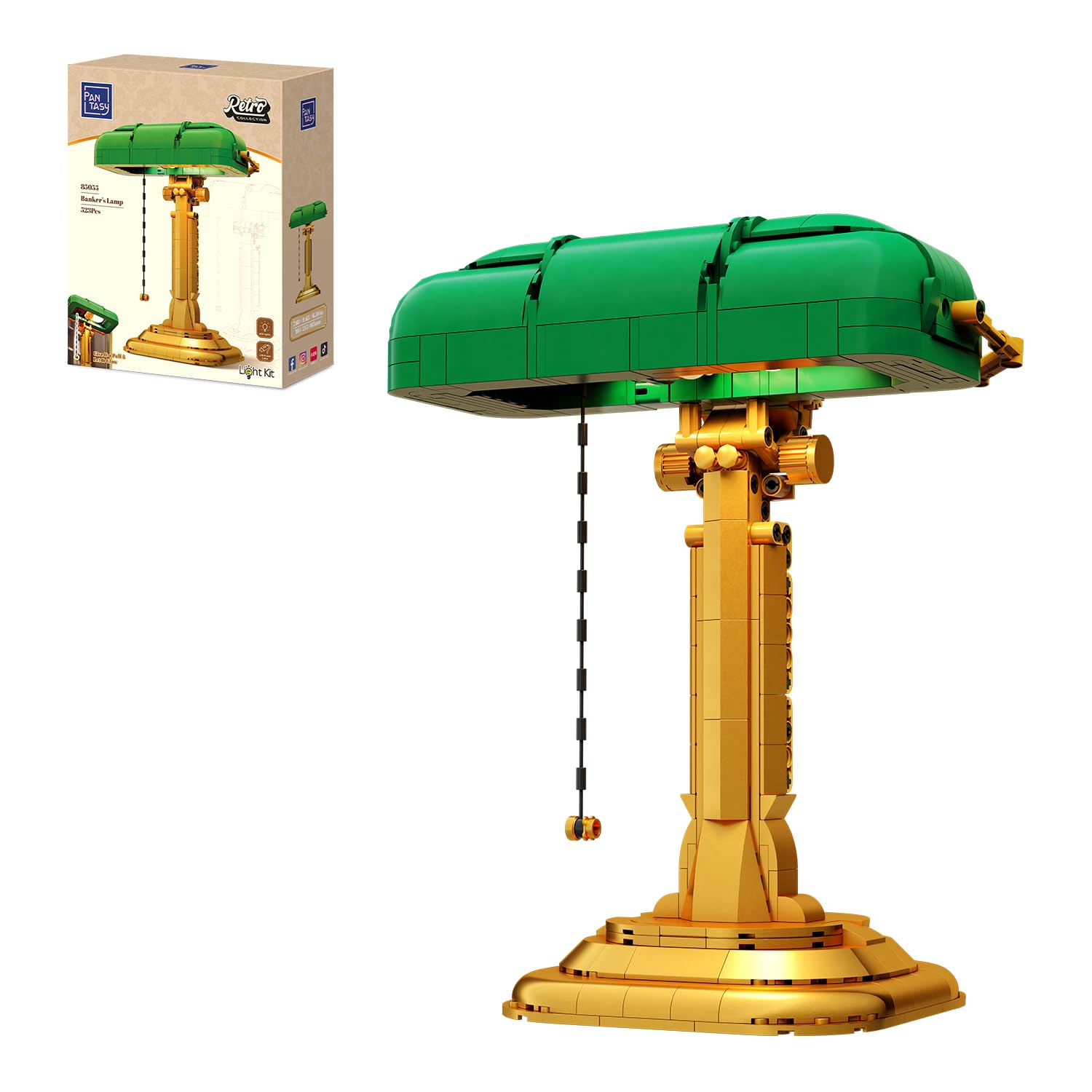 PANTASY Bankerlampe Bauset für Erwachsene, beleuchtetes Retro-Modell | Zugschalter mit Lichtfunktion und USB-C-Stromversorgung, grün-goldenes Retro-Display für Schreibtisch und Sammler
