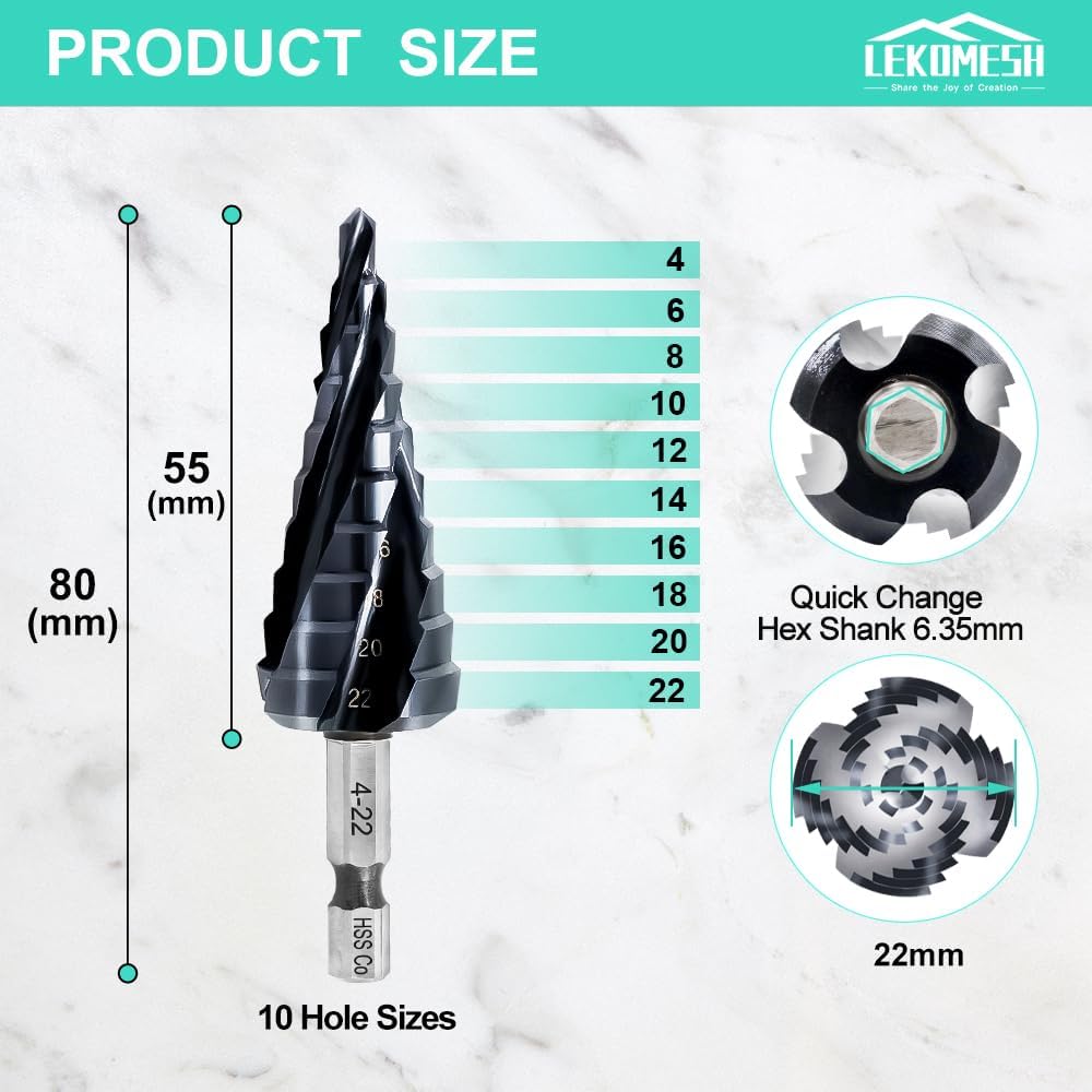 Punta Trapano Gradini Cobalto HSS M35 - Ø4-22 mm, Punta Conica a 10 Livelli con Gambo Esagonale 1/4", Punta Trapano per Acciaio Inox, Metallo, Alluminio, Legno e Plastica