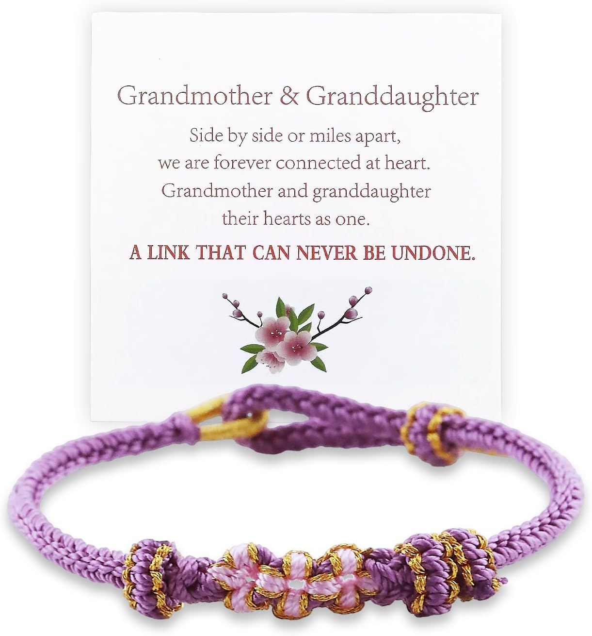 To My Granddaughter Bracelet "A Link That Can Never Be Undone"Peach Blossom Bracelet,Adjustable Braided Bracelet for Women, Inspirational Birthday Jewelry Christmas Stocking Stuffers for Women (Purple)