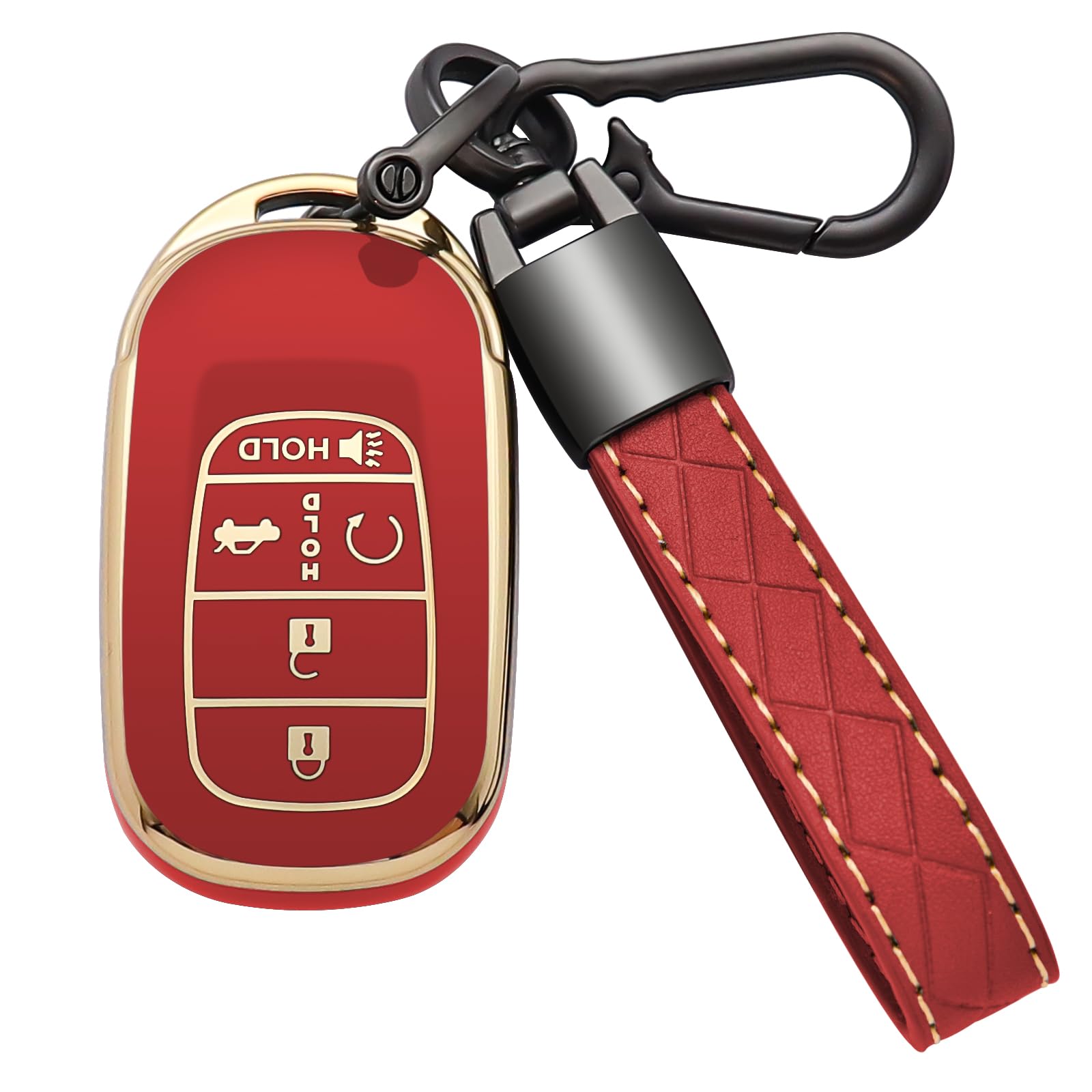 Photo 1 of Kespevn for Honda Key Fob Cover 5 Button Soft TPU with Leather Keychain 360 Degree Protection Key Case Shell Holder Fits for 2022 2023 2024 Honda Accord Civic HR-V CR-V Pilot Odyssey, A Red