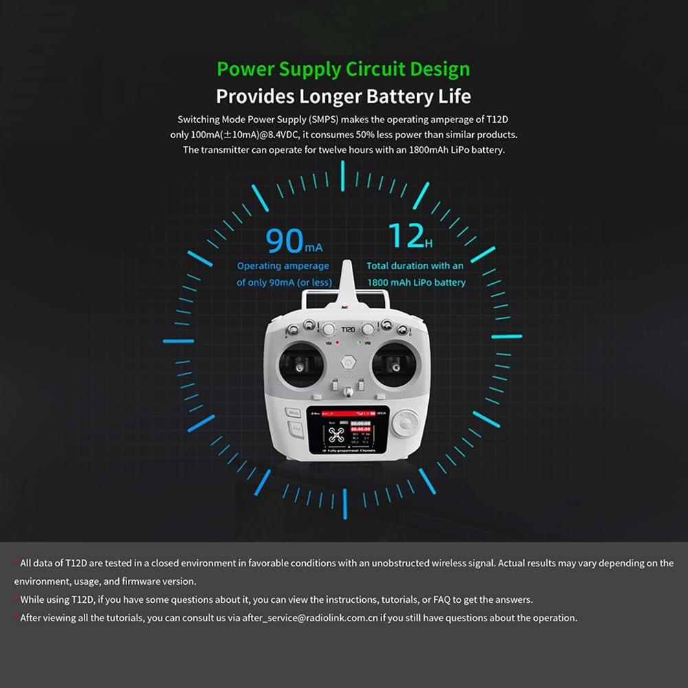 Per RadioLink T12D 12CH Trasmettitore RC + Ricevitore R12F 2.4GHz Controller Remoto per Drone FPV, Aeroplani A Ala Fissa e Automobili R