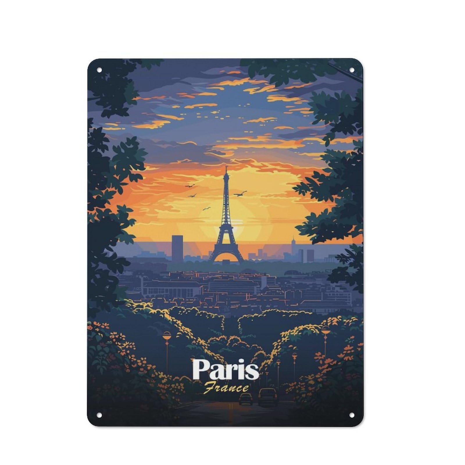 Paris Sunset Skyline Distressed Look Metal Wall Decor 40x30cm, Vintage Tin Sign for Living Room, Hallway, Kitchen Or Cafe