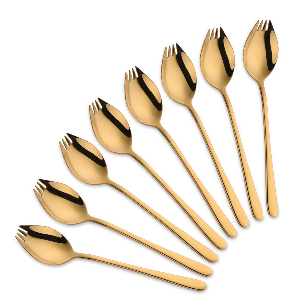 SBOMHS 8 Pieces (3 in 1) Spork Stainless Steel Knife Spoon Fork Set Camping Cutlery Set Gold