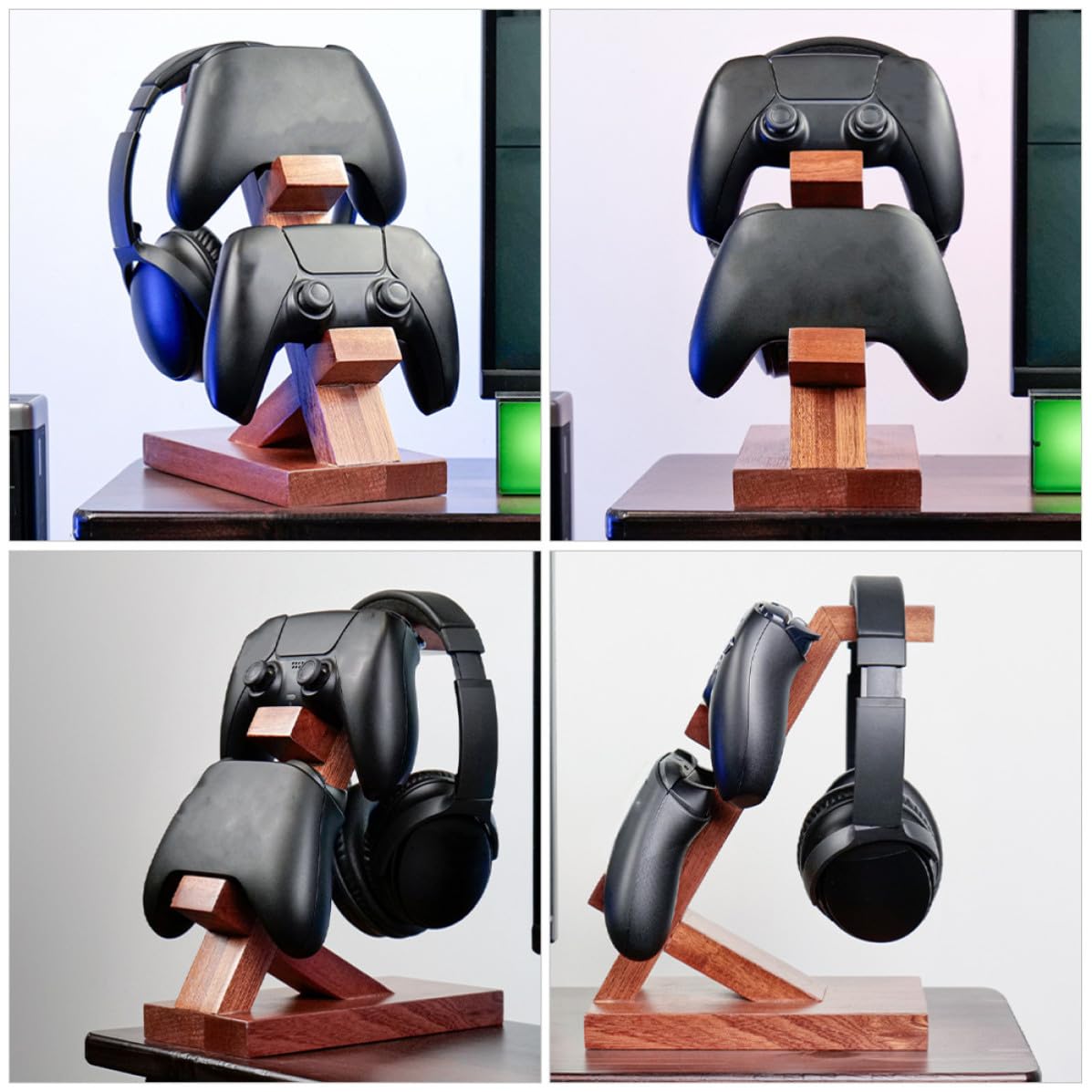 SHINEOFI Soporte para Auriculares y Mandos de Madera Marrón, Diseño Simple y Portátil para Organizar Controladores en Zona de Entretenimiento Gaming