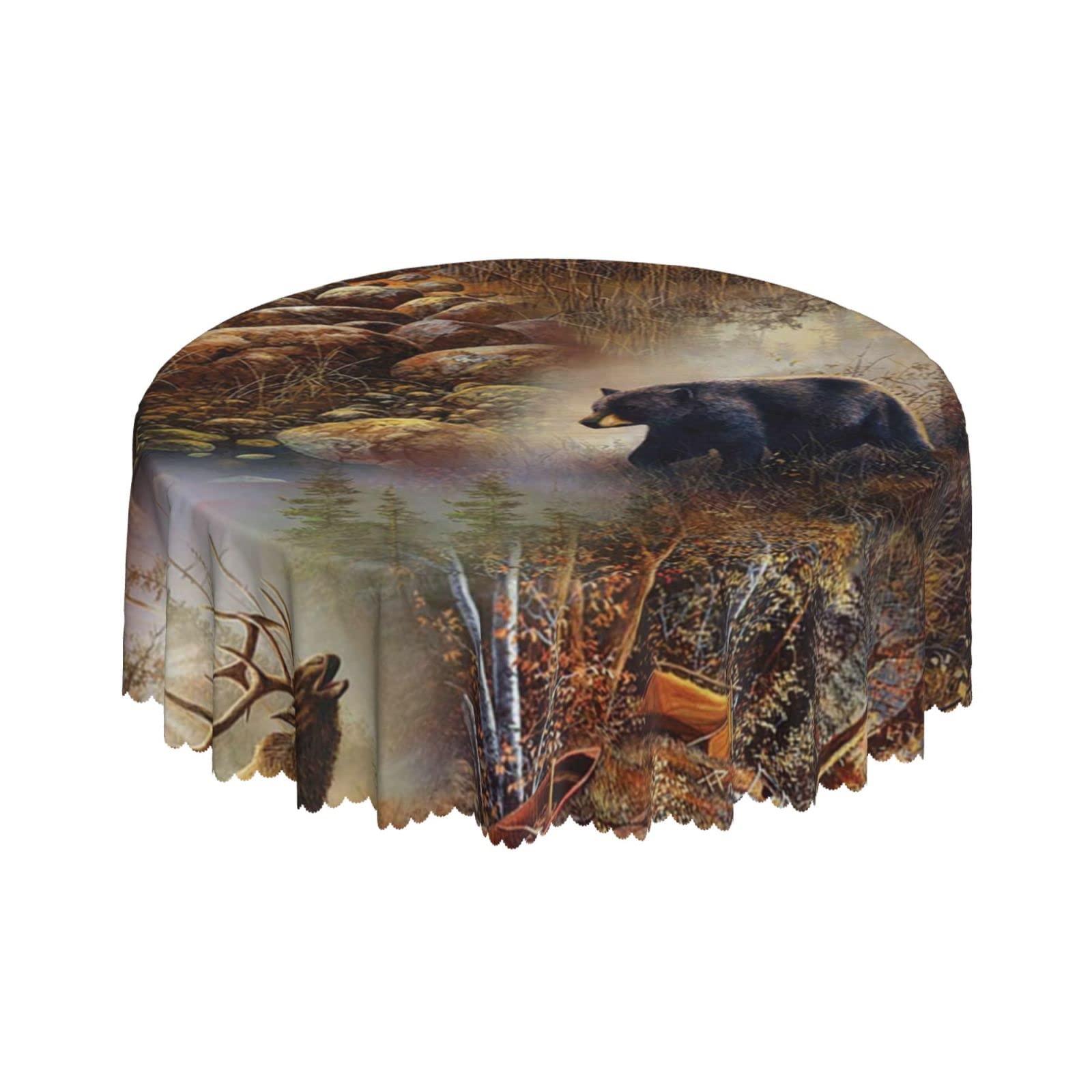 Lsjuee Lodge Deer Bear Area Brown Round Tablecloth 60 Inch Printed Washable Tablecloth for Dining Party Holiday Fall Home Decorative
