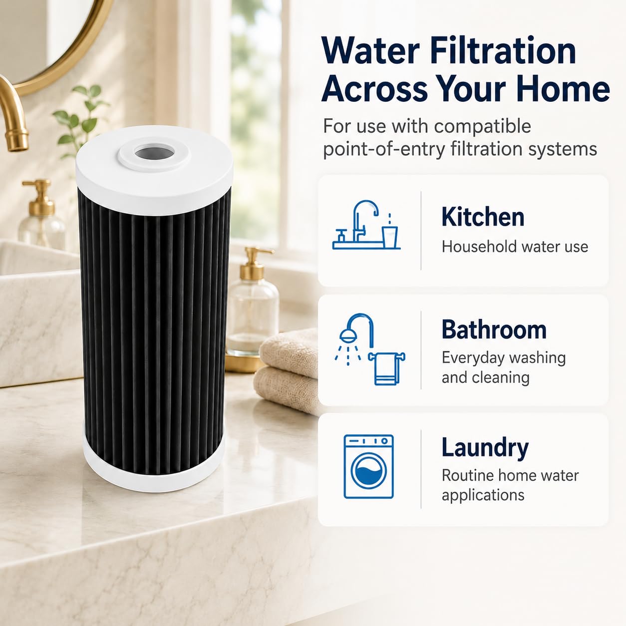 Filtro para toda la casa de 4.5 x 10 compatible con AO Smith WH-PREL-RCP, paquete de 3 | Cartuchos de repuesto de bloque de carbono de 5 micras para filtración de agua doméstica.