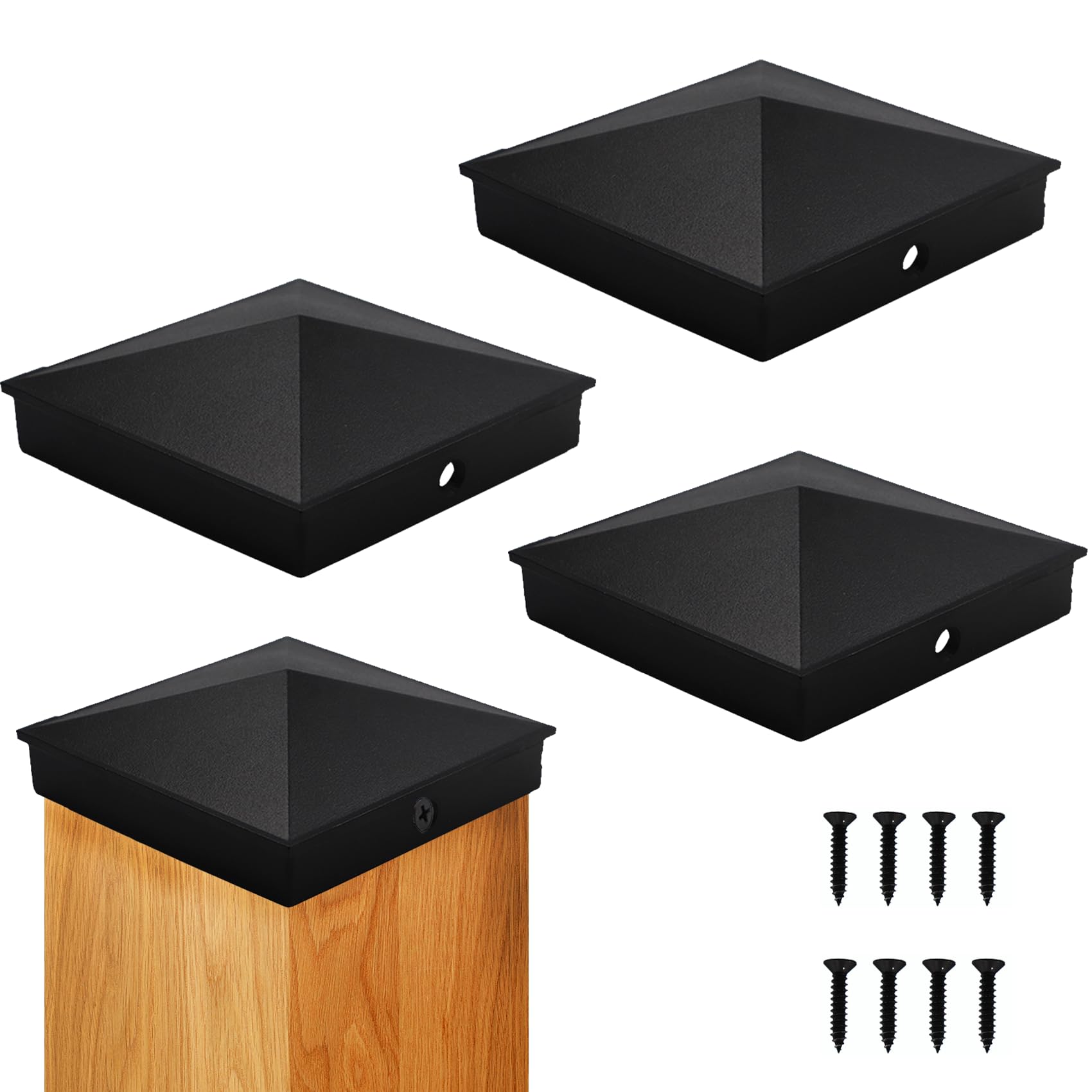 Azdele 4x4 Heavy Duty Aluminum Pyramid Post Caps Cover for 4x4 Nominal Wood Post(True 3.5" x 3.5"), with Matte Finish Powder Coated Surface, for Fence Wood Post of Decks or Corridors Black 4 Pack