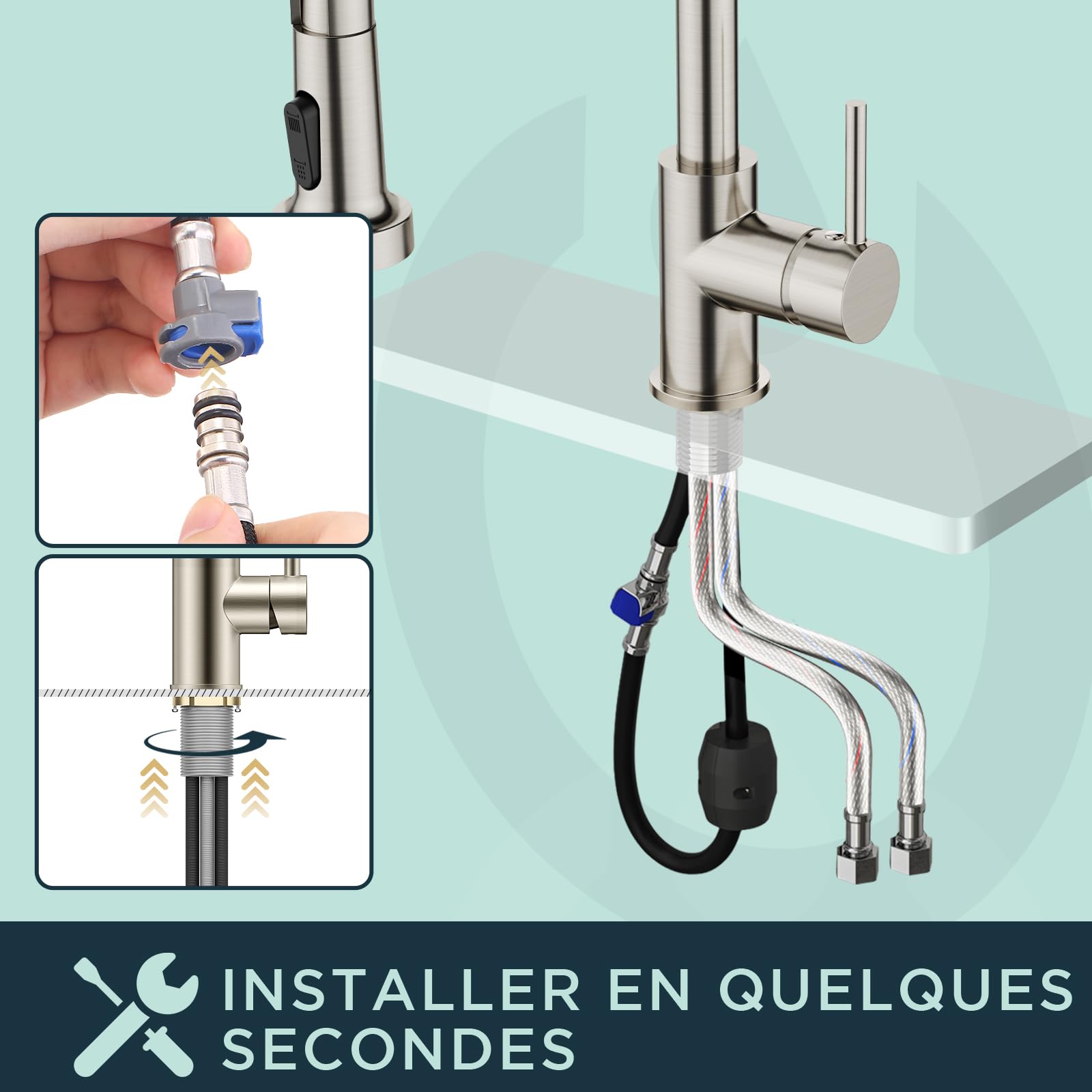 FORIOUS Robinet Cuisine, Mitigeur Cuisine avec Douchette Extractible max à 45cm, Rotation à 360° et Double Fonction de Pulvérisation, Acier Inoxydable