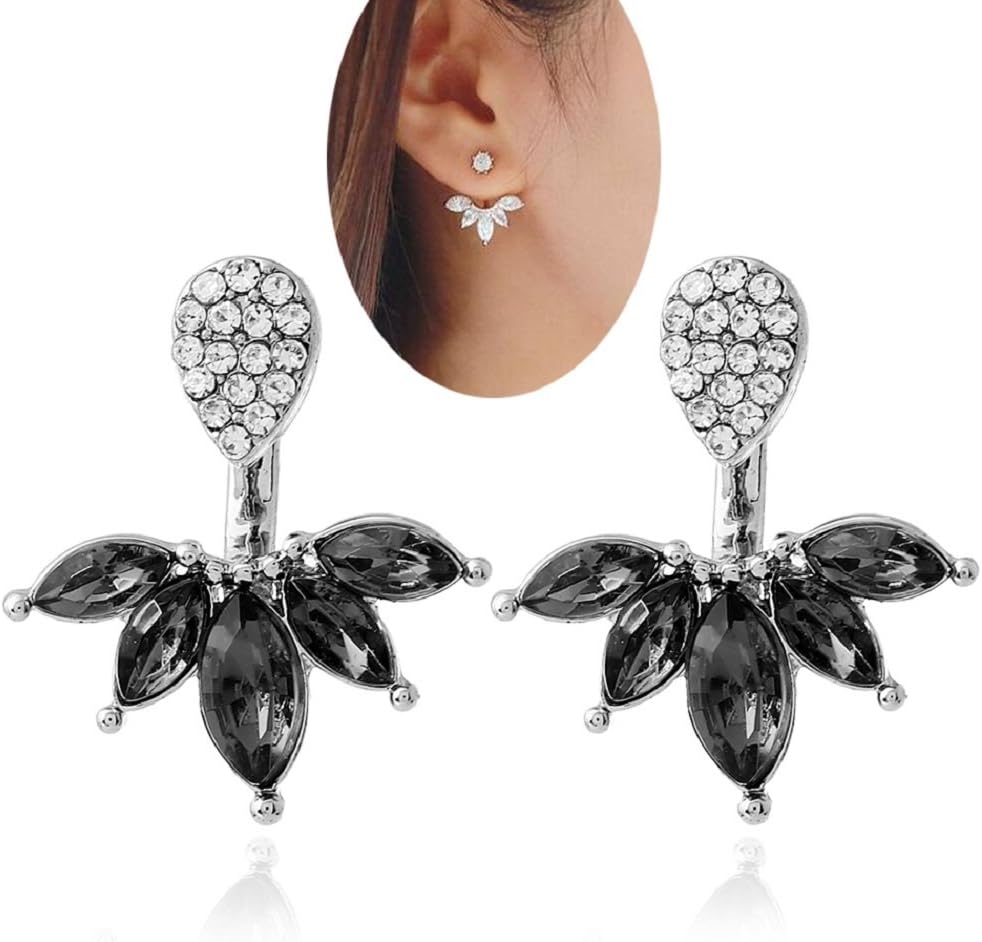 Lady Clear Crystal Leaf Feather Ear Jacket Earrings Back Ear Cuffs Stud Earrings for Women SUNSCSC