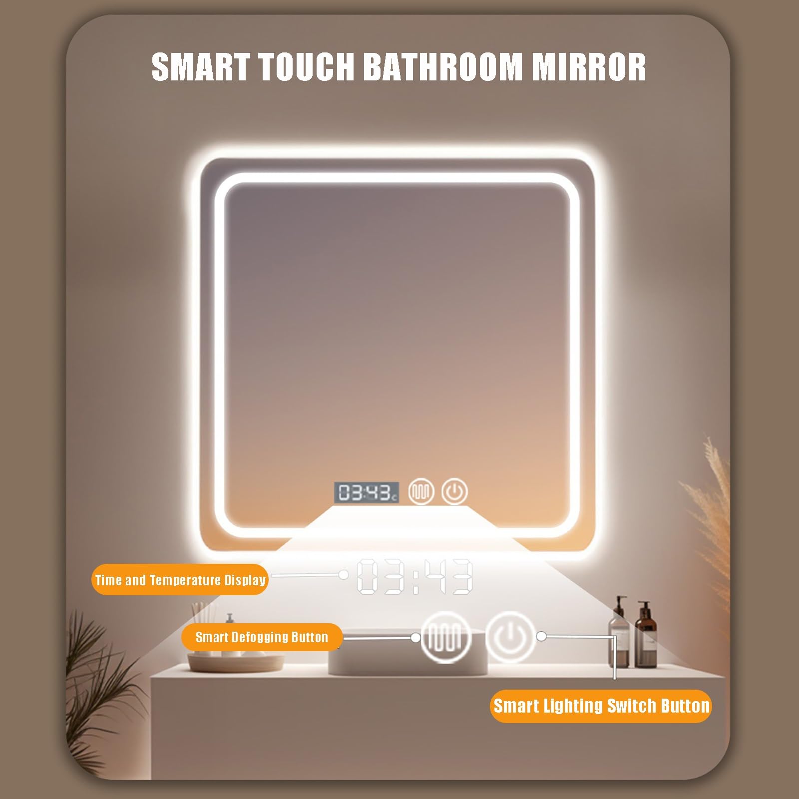 Lustro łazienkowe LED Smart Touch, bez zaparowania, kwadratowa konstrukcja, 70 cm, 3 tryby oświetlenia, możliwość ściemniania, wyświetlanie czasu, idealne do nowoczesnej dekoracji łazienki