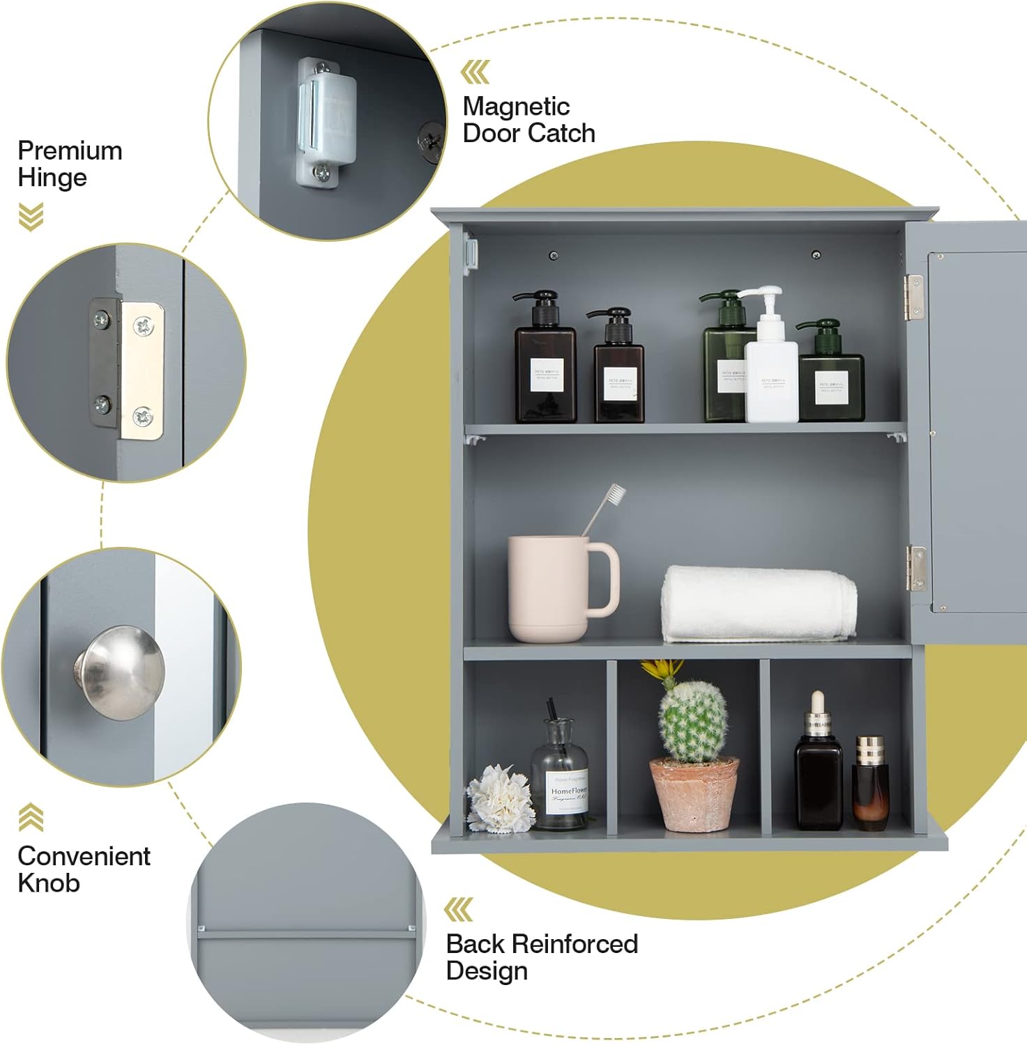 Bathroom Mirror Cabinet, Wall Mounted Storage Cupboard with Adjustable Shelf and 3 Open Compartments, Wooden Single Door Display Organizer for Bedroom Living Room Kitchen (Grey)