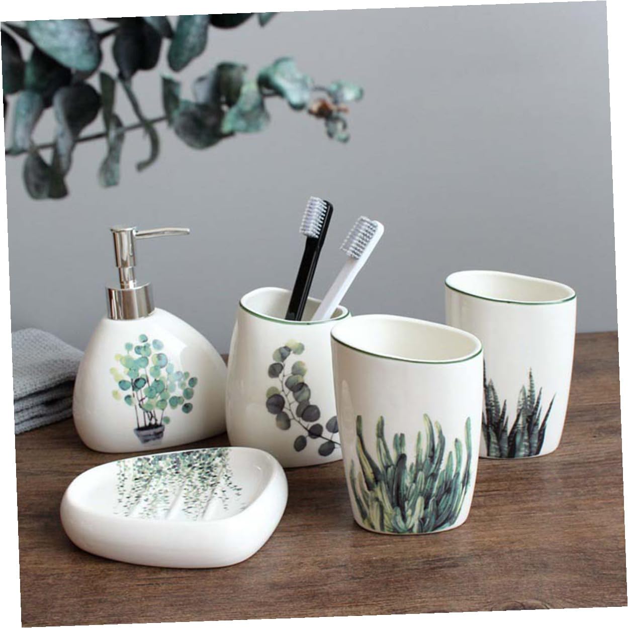 LIFKOME 5 pezzi Accessori Bagno in Ceramica Verde con Porta Spazzolini Flacone Lozione e Vassoio Sapone Superficie Liscia Facile da Pulire Resistente e Decorativo per Bagno Quotidiano