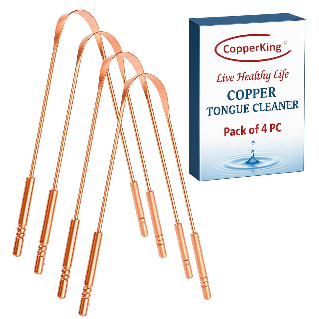 CopperKing 100% Pure Copper Tongue Scraper for Adults and Kids | Best Tongue Cleaner Easy to Use | Ayurvedic Cooper Tongue Scrubber for Better Oral Care & Hygiene with Reduce Bad Breath Pack of 4-image-1