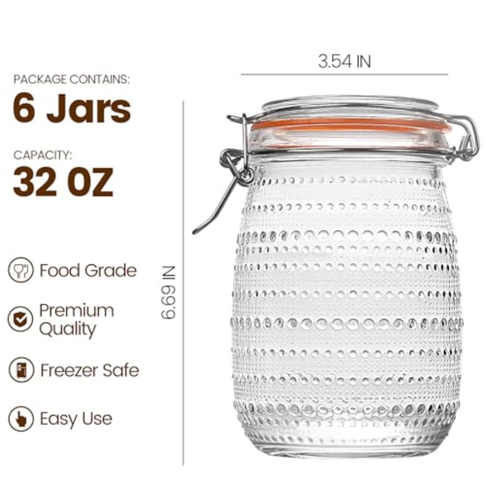 Paquete de 6 tarros cristal con tapas herméticas, conservas boca ancha superiores Clip for almacenamiento cocina, ensalada encurtida para Cocina
