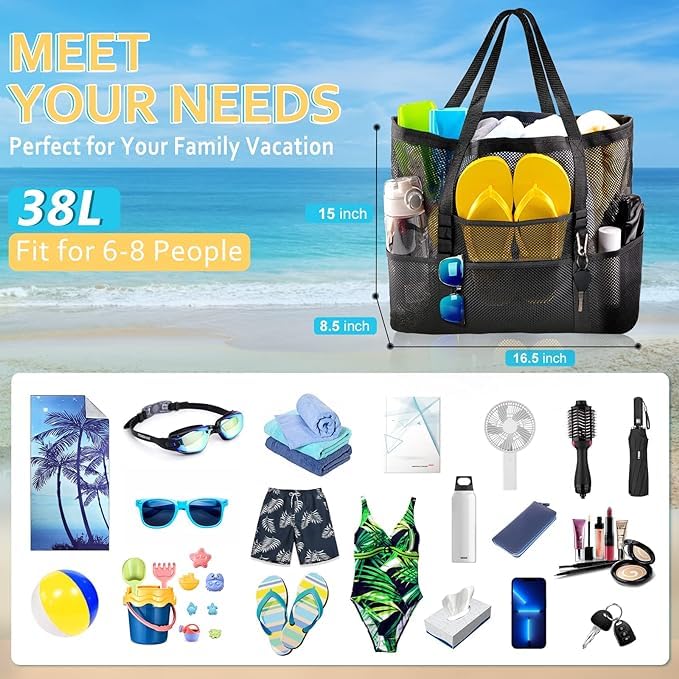 hirTa Gab Tote Bag for Teacher Women Office Worker Girl Multipurpose Shoulder Bag with Zipper Pocket Most Used for Travel Grocery Beach Hobo Waterproof Sandproof Lightweight Pool Bag (Mesh Black) 1