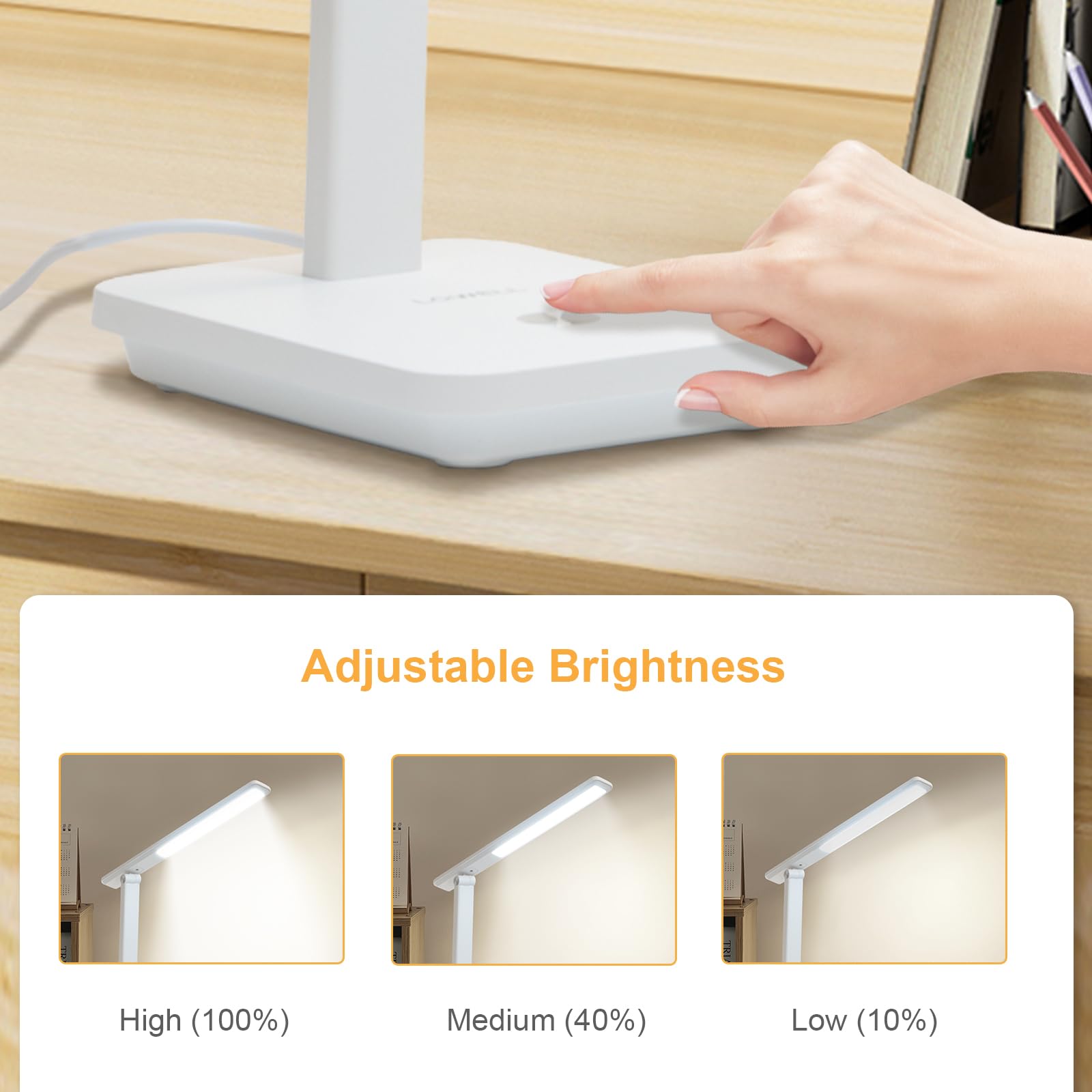 LQWELL® Lampa Biurkowa LED Odłączana, 3 Poziomy Jasności, Możliwość Przyciemniania, Lampa Stołowa Do Domowego Biura, Obrót Od 0° Do 180°, 6500 K (Biały)