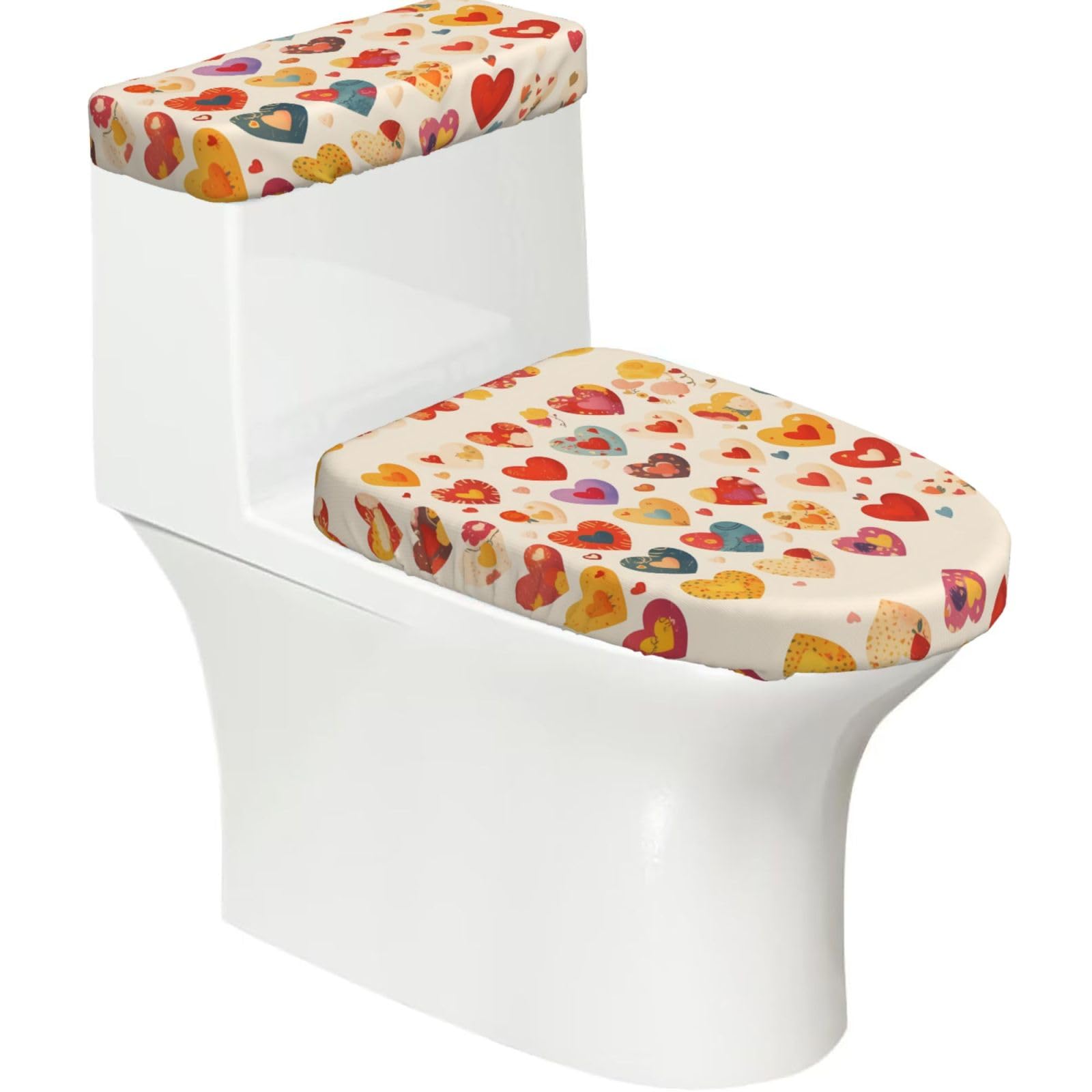 Colorful Heart 2-Piece Toilet Seat Cover Set with Tank Lid - Elastic for U-Shape & Elongated - Bathroom Decor