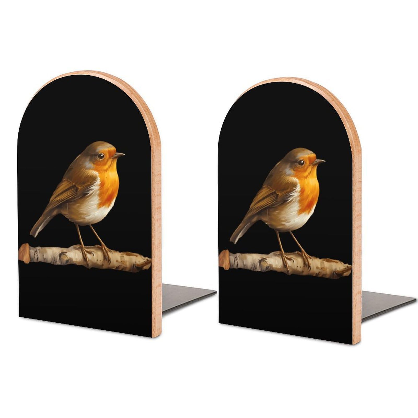 Robin Bird on Wood Book Ends Wood Non-Slip Books Stand Book Holders Book Stopper Organizer for Shelves Home Office