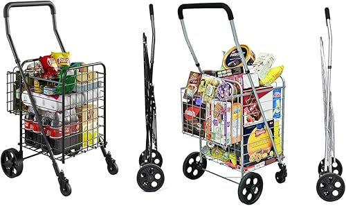 siffler Carrito de compras con ruedas giratorias giratorias de 360 para comestibles, carrito de compras utilitario con cesta doble, carrito portátil