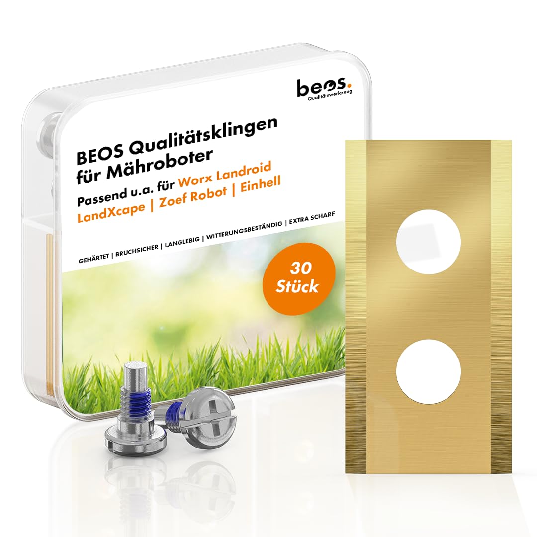BEOS30 x Premium Titan Replacement Blades + Screws with Safety - Replacement Blades for Premium Brands Worx Landroid, LandXcape, Einhell, Kress - 0.9 mm Blade Thickness for Long Lawn Mower Pleasure
