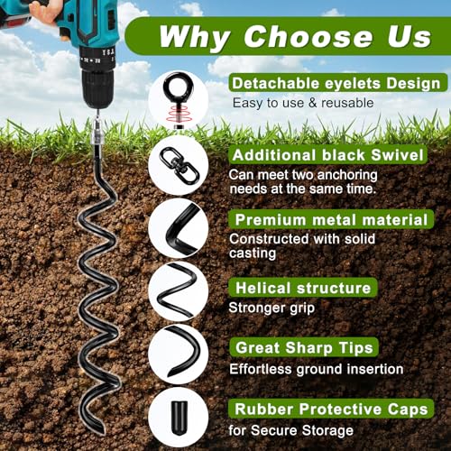 Fabulas Ground Anchors, 15.5 Inch 4 Pack Ground Anchors Screw in Heavy Duty Swing Set Anchor Kit Trampoline Stakes High Wind Spiral Metal Anchor with Swivel Ring for Shed Tent Mobile Home Dog Tree