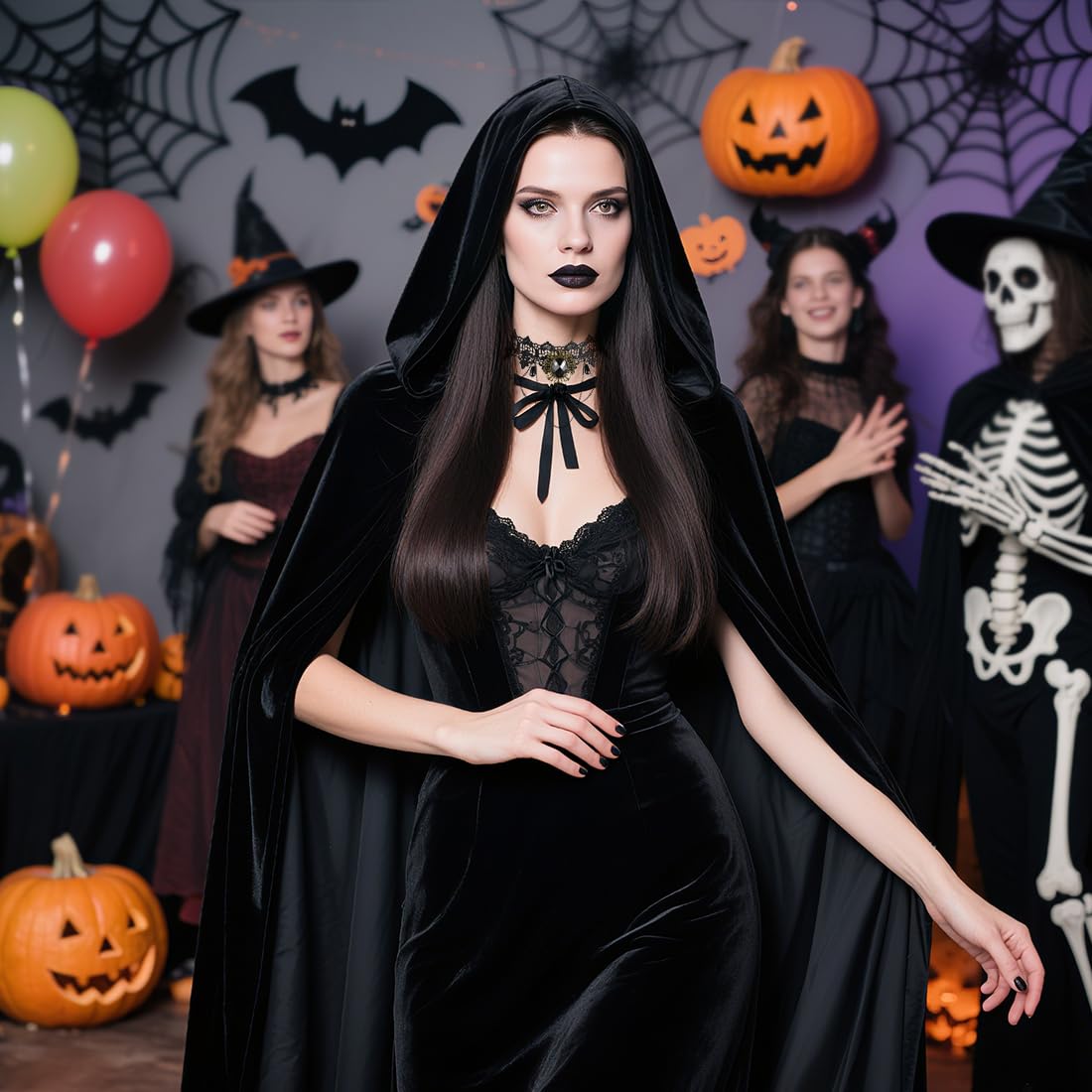 Cadimus Costume de Diable pour Femme,Costume d'halloween pour Femme avec Coiffe de Cornes de Reine,Collier en Dentelle Gothique,Cape d'halloween Noire pour fêtes d'halloween, fêtes costumées Cosplay