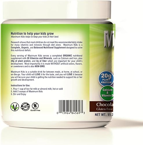 Miniatura 2 de Maximum Kids - Mezcla completa de polvo orgánico. Gran sabor, fácil de usar, bebida nutricional completa con 26 vitaminas y minerales, 0.71 onzas de