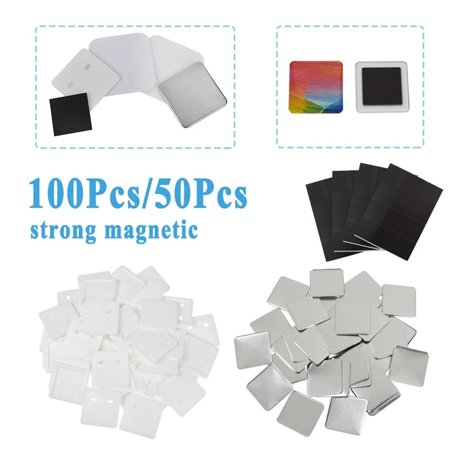 Materiały na kwadratowe metalowe przypinki o wymiarach 50 * 50 mm do samodzielnego wykonania magnetycznych magnesów lodówkę. Części maszyn produkcji przypinek Różnego przeznaczenia