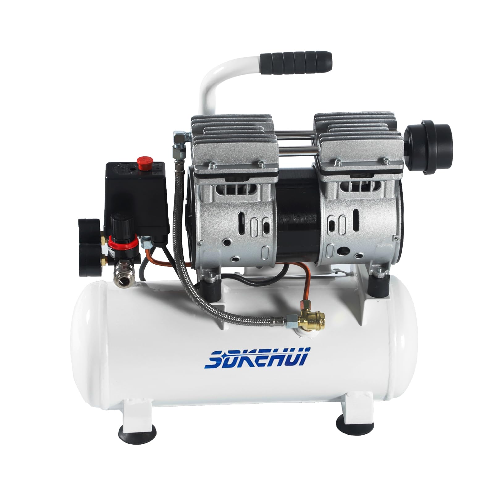 Flüsterkompressor 9 L, Leise Ölfrei Kompressor 550 W, Ölfrei Luftkompressor 58 dB, Druckluftkompressor 220 V, Silent Druckluft Kessel 110 L/min Abgasvolumen, mit Eingebautem Abluftventilator