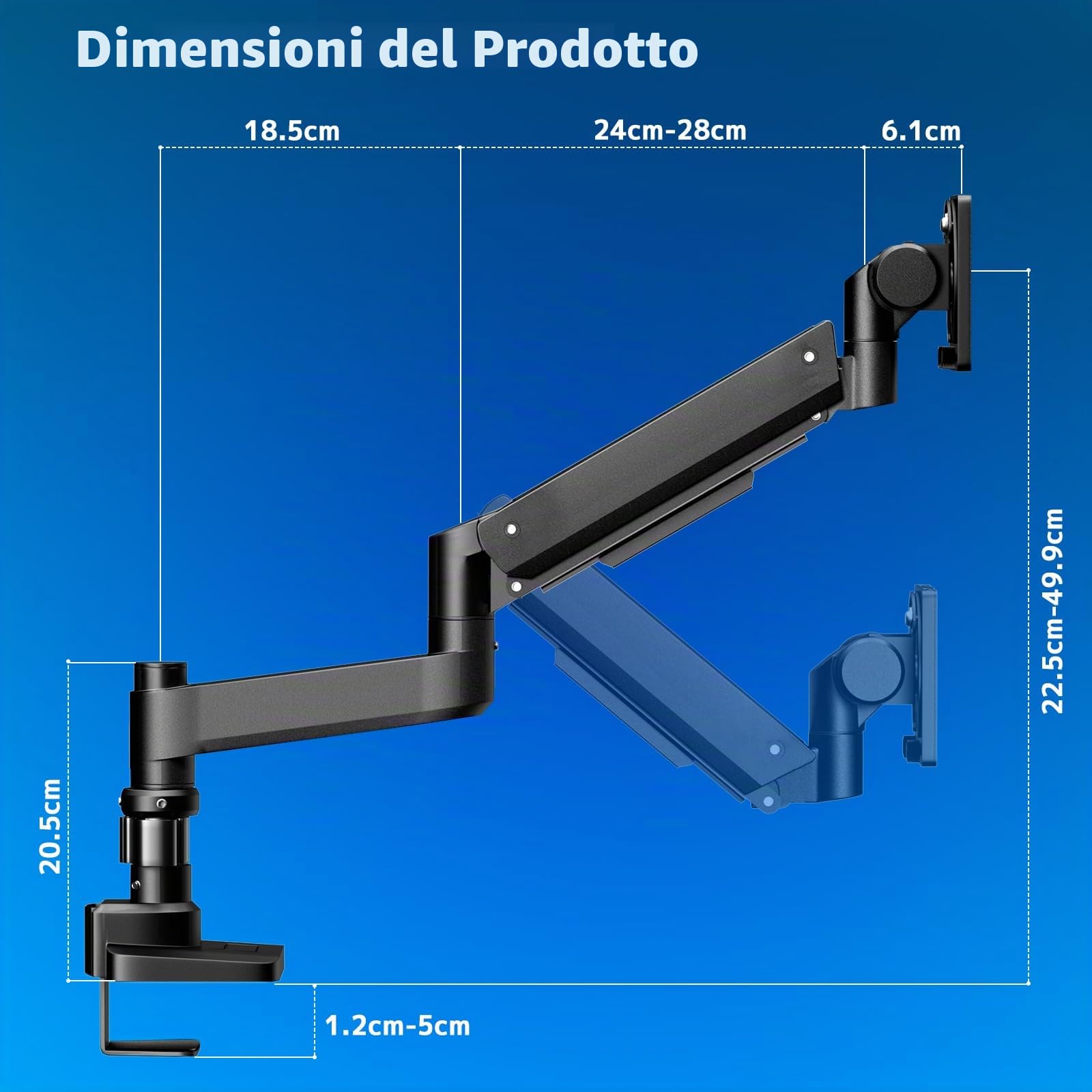 Supporto per monitor piatto e curvo da 17 – 57 pollici, molla a gas monitor, regolabile in altezza, orientabile, capacità di peso 2 – 20 kg per braccio, VESA 75/100 mm, Nero