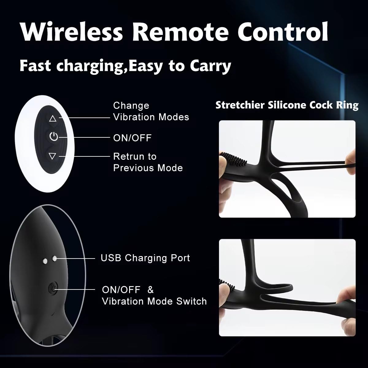 Mr. James Concepts – Stimolatore prostatico with Dual Ring – USB Magnetic Ricaricabileee maschile Vibrator, 10+10+10 modalità, Stretchable silicone, impermeabile, telecomando, Fits All