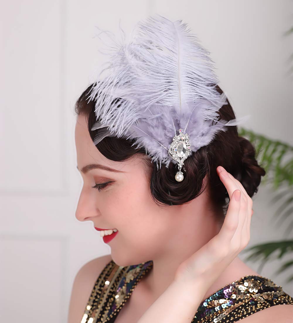 Anglacesmade 1920s Flapper Feather Headband Gray Crystal Head Chain Great Gatsby Headpiece Vintage Roaring 20s Hair Accessories for Women and Girls - Image 4