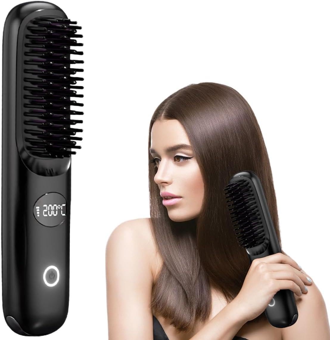Portable Straightener Brush for Travel,USB Cordless Hair Straightening Comb,with LCD Temperature Display,Fast Heating Electric Cordless Mini Hair Brush-Black-image-38