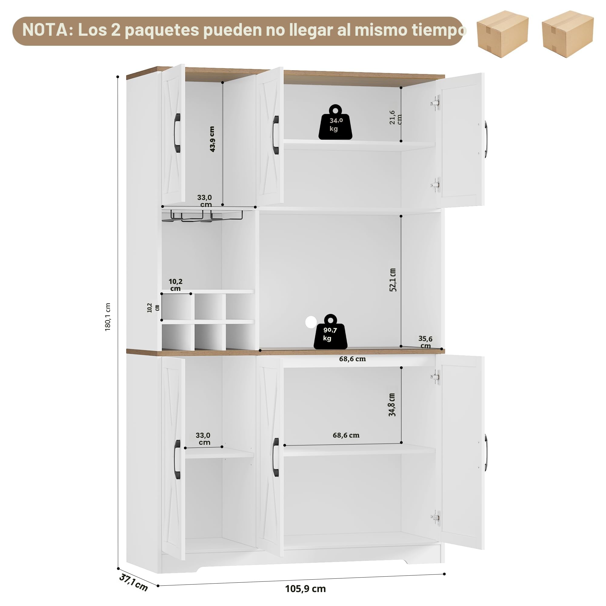 HOCSOK Alacena de Cocina，Armario con 6 Puertas, Soporte para Copas, Botellero Vino, Mueble de Cocina con Soporte para Microondas, para Comedor Y Sala De Estar, Blanco, 106x37x180 cm
